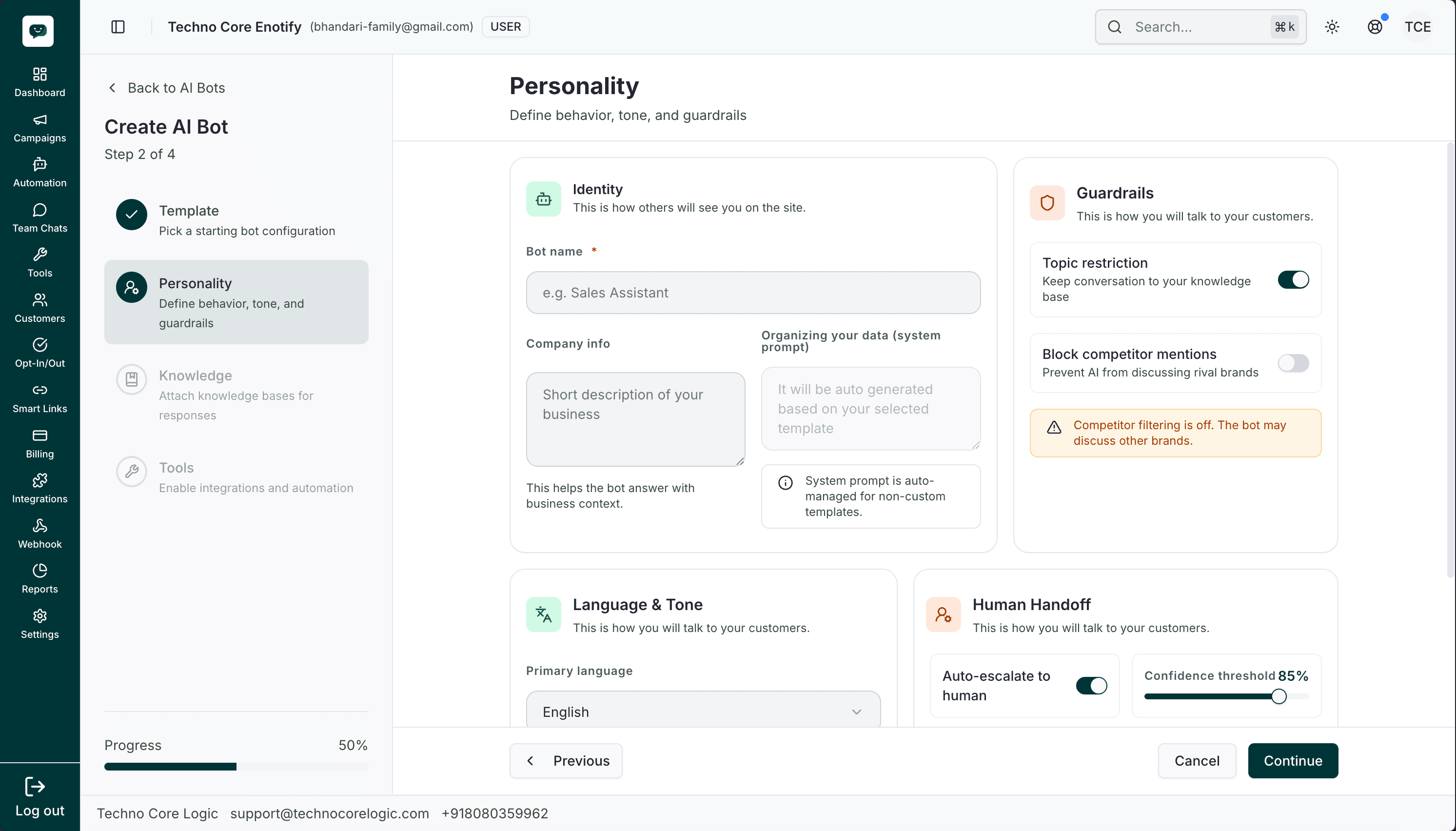 AI Bot configuration with knowledge base, confidence-based handoff, and live chat preview.