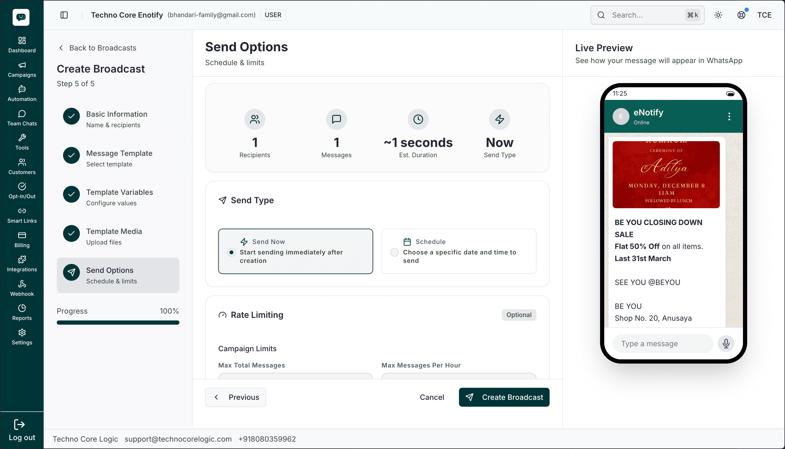 Create Broadcast: Template Variables step with live WhatsApp preview.