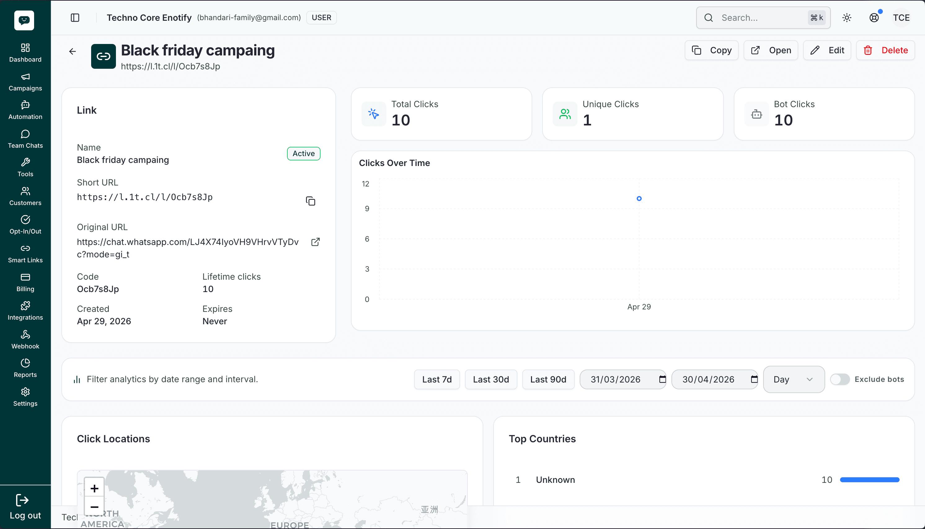 Smart Links and growth tools dashboard with click attribution and per-source breakdown.