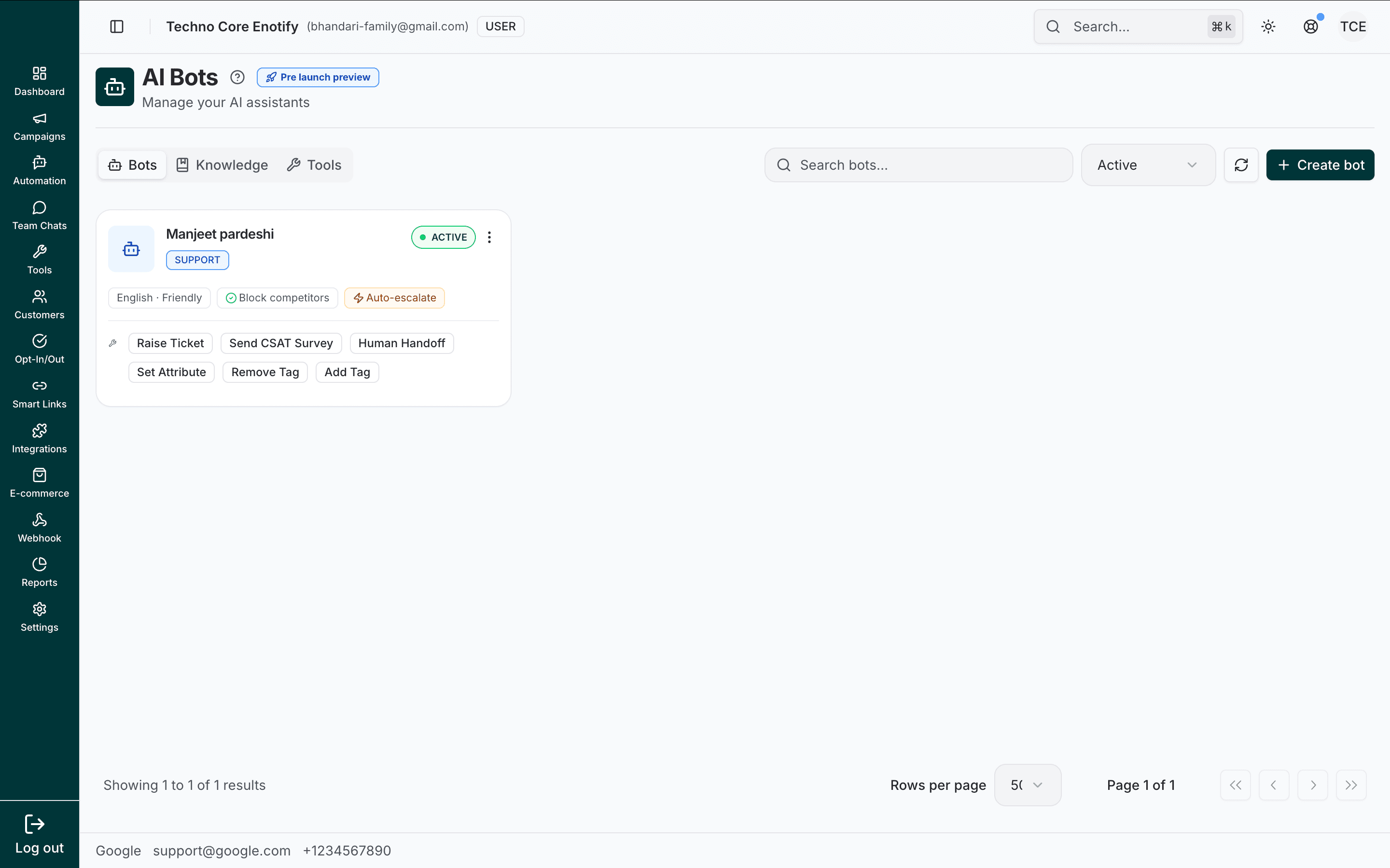 AI Bots page listing an assistant as a card with its template, language, tone, status, and attached tools