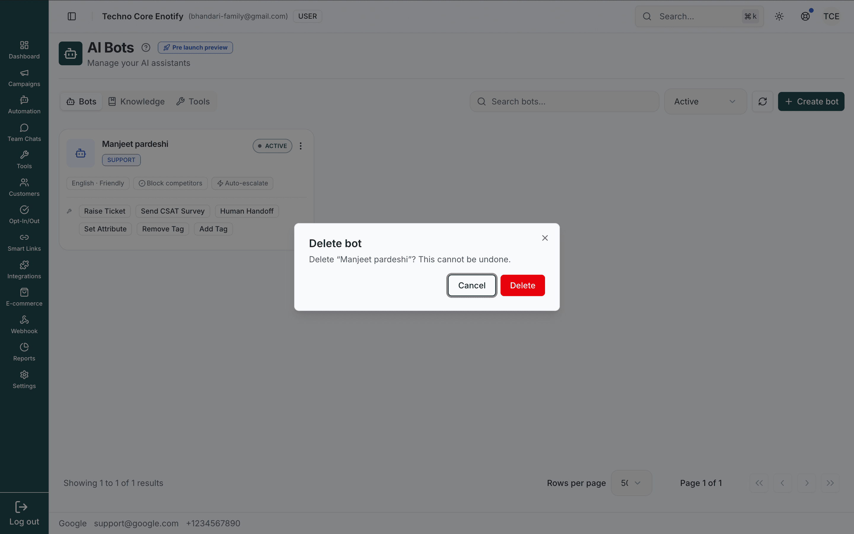 Delete bot confirmation dialog warning the action cannot be undone