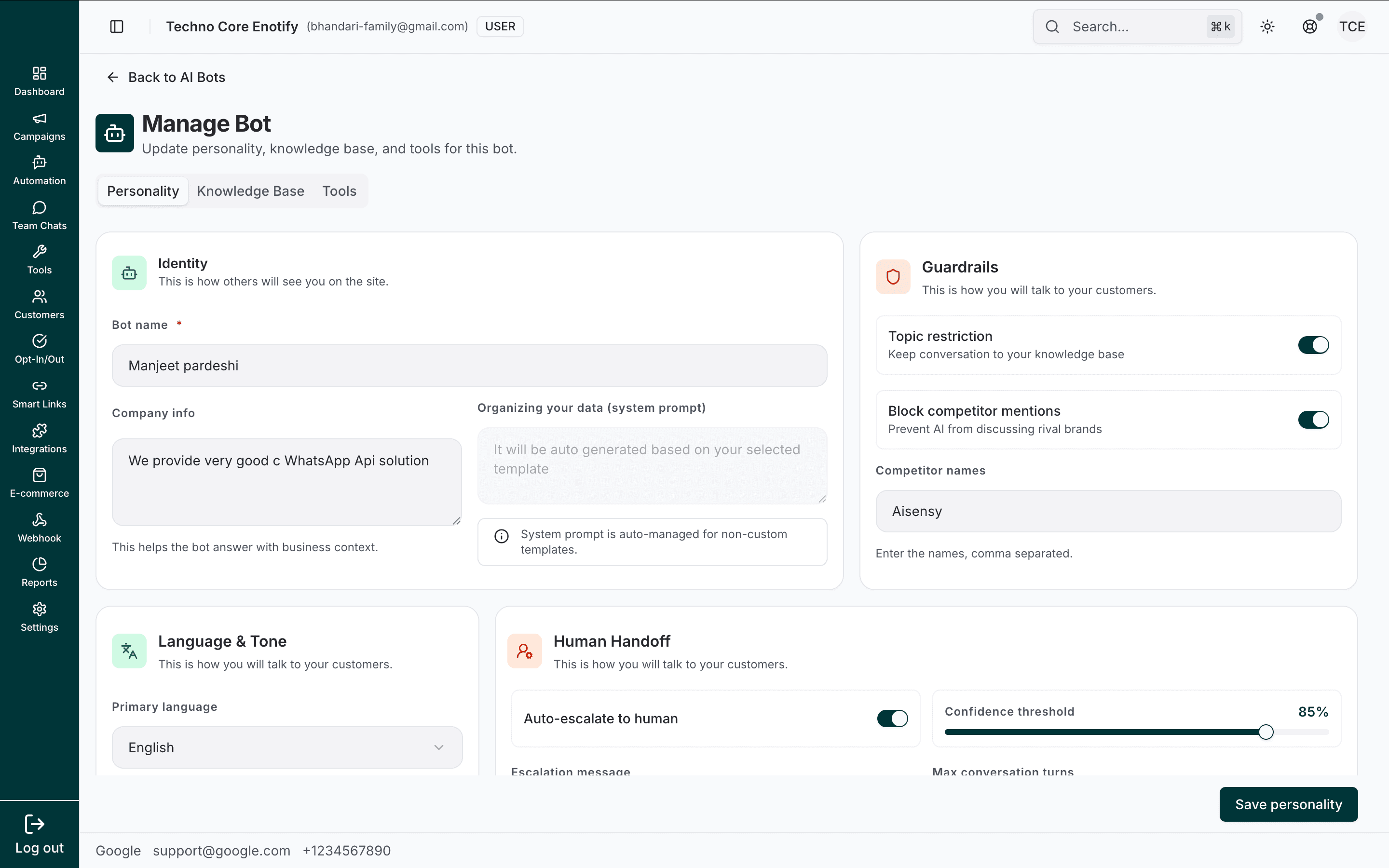 Manage Bot Personality tab with Identity, Guardrails, Language & Tone, and Human Handoff