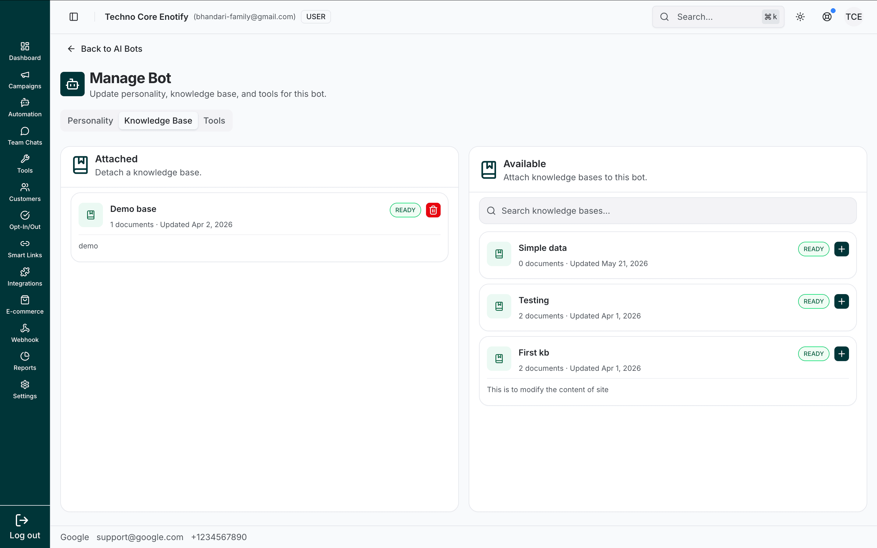 Knowledge Base tab with Attached and Available knowledge bases