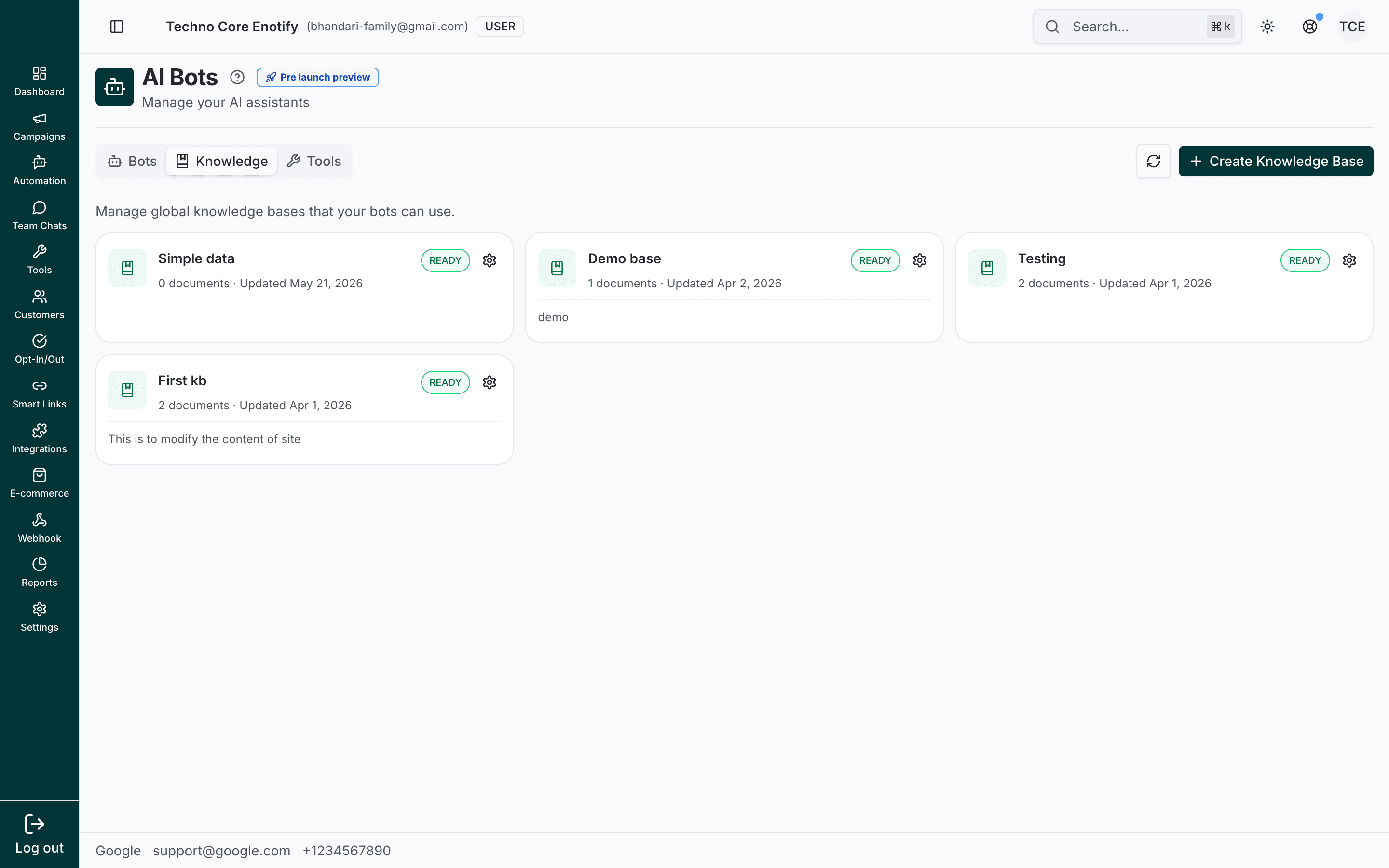 Knowledge tab listing global knowledge bases with their document counts and Ready status