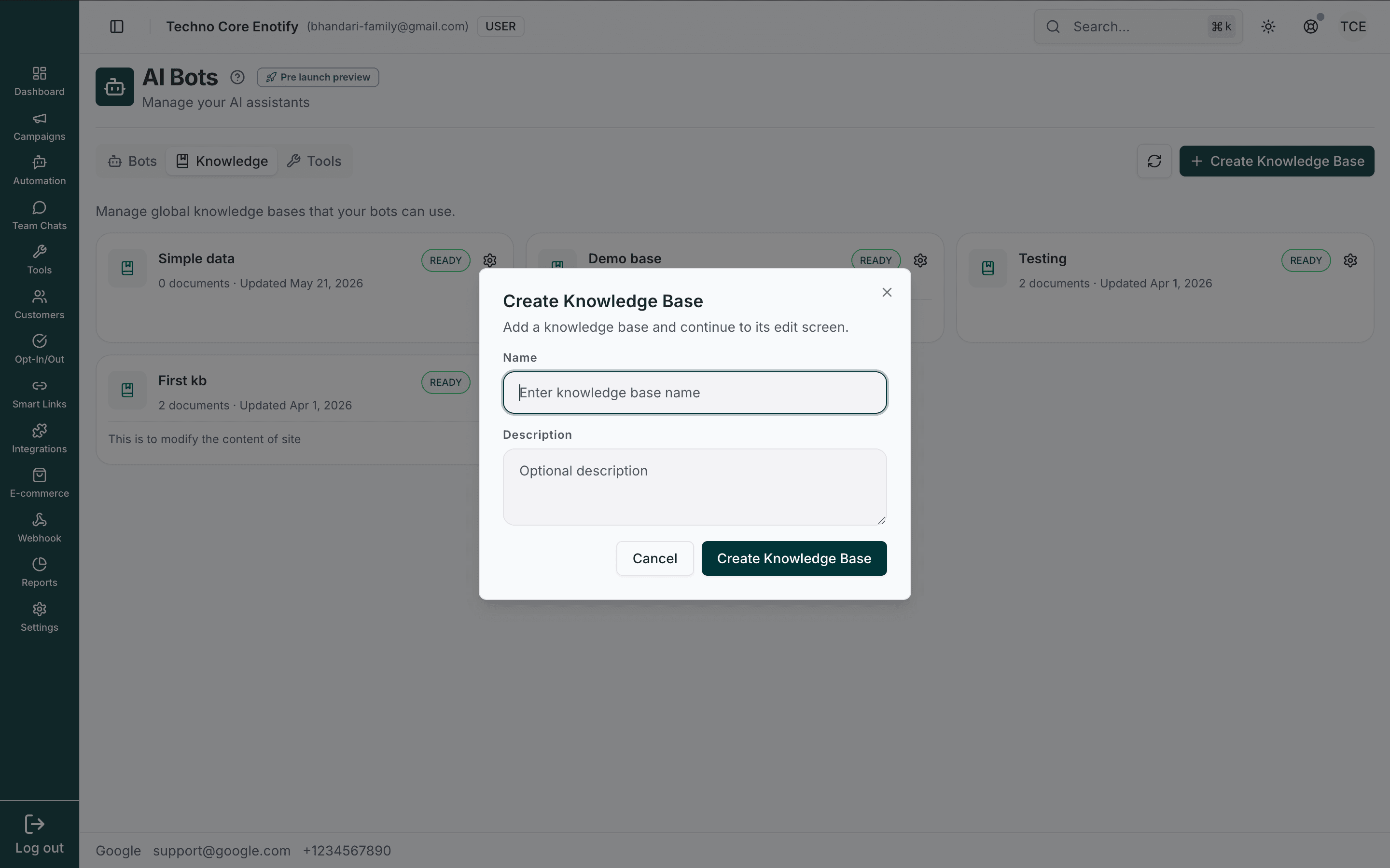 Create Knowledge Base dialog with name and description fields