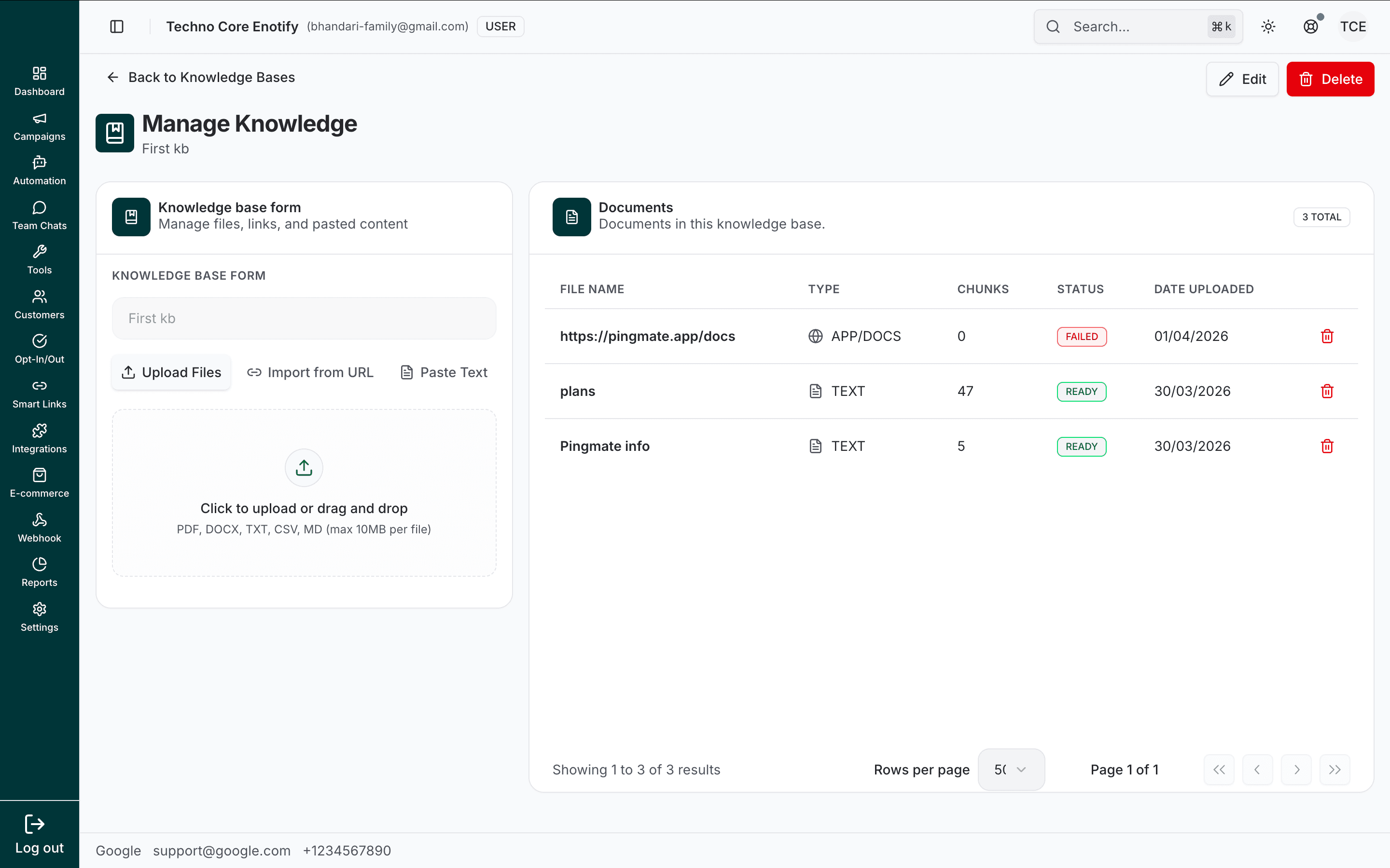 Manage Knowledge screen with the ingestion panel on the left and a documents table on the right