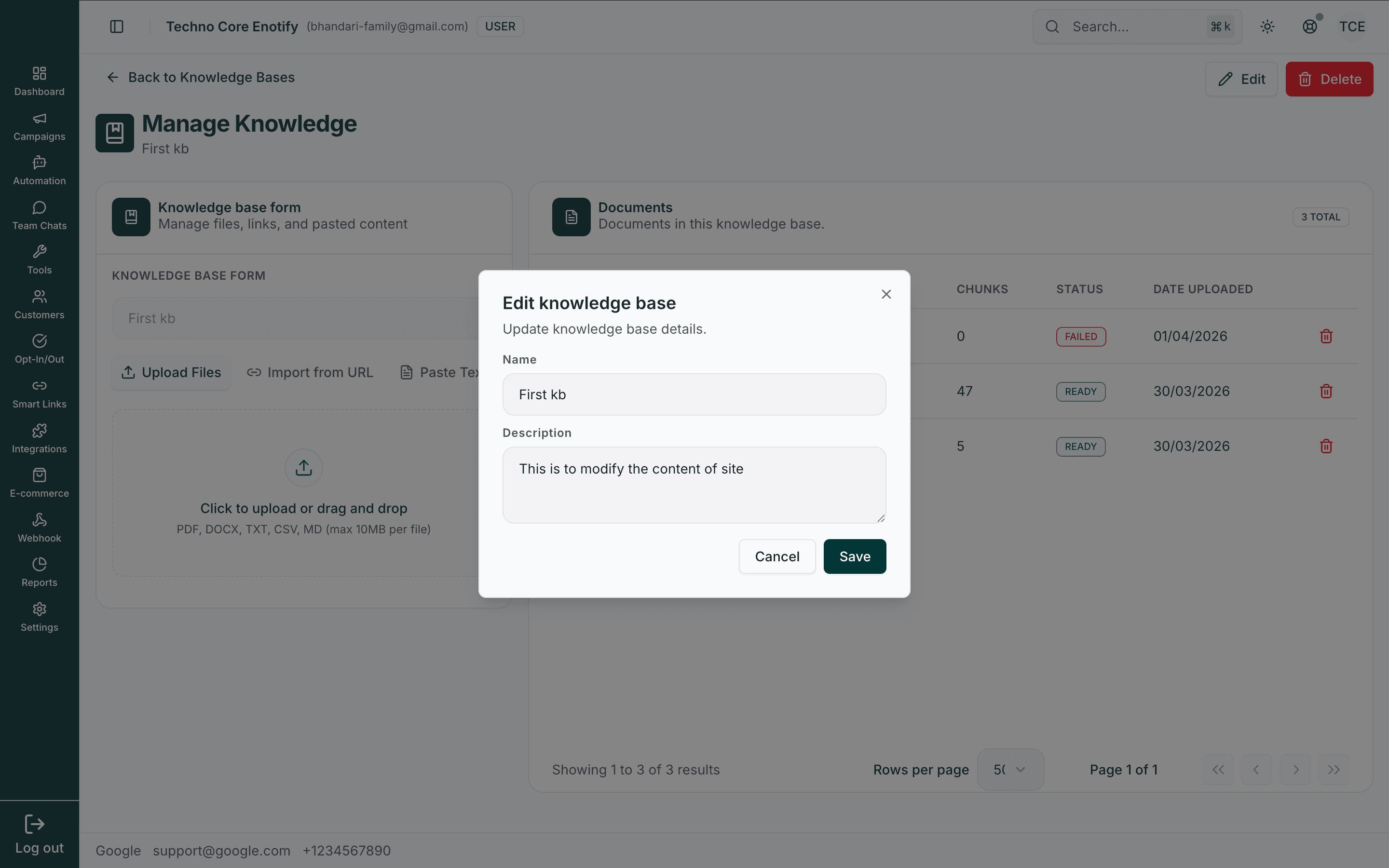 Edit knowledge base dialog with name and description fields