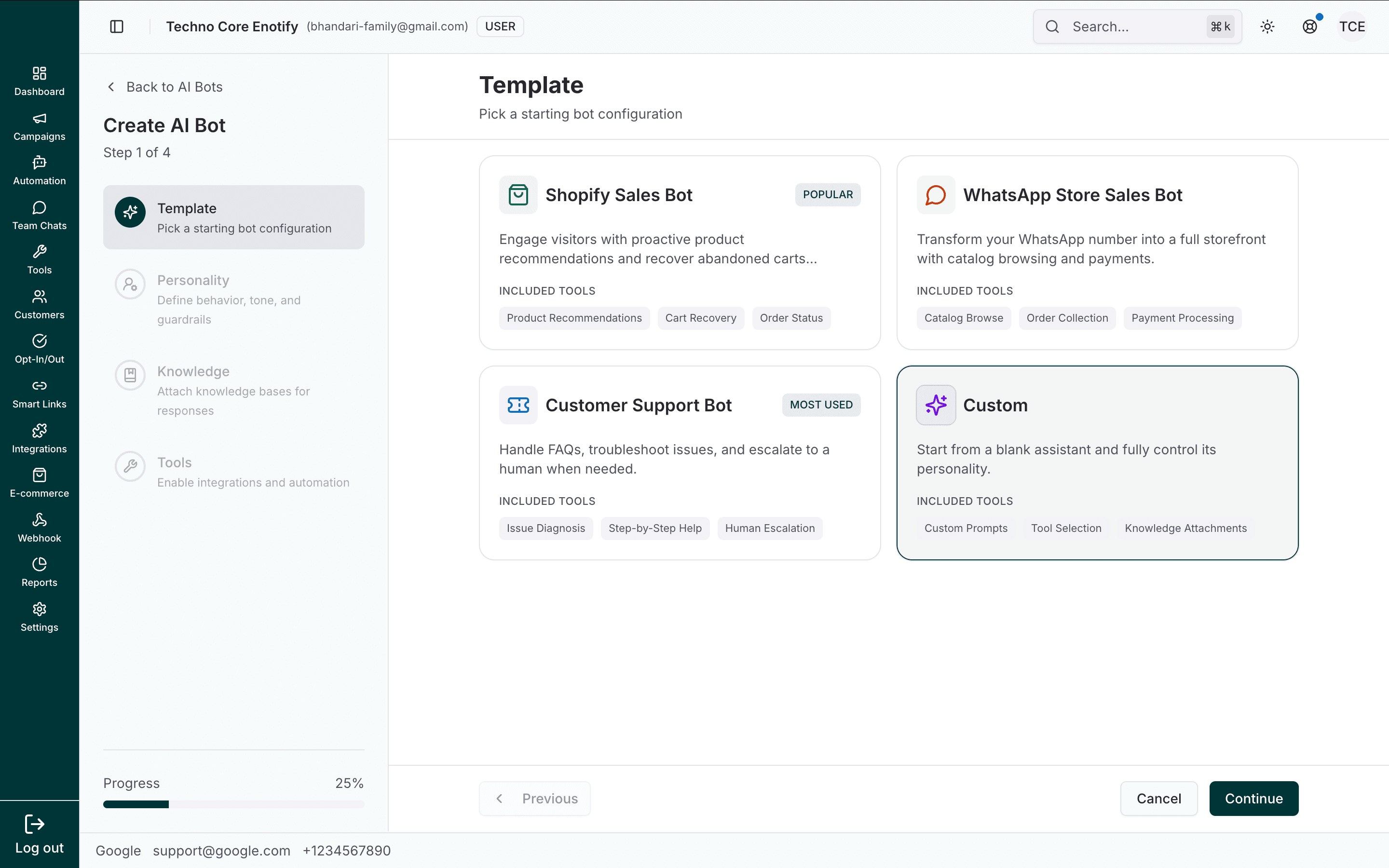 Template step showing the four AI Bot template cards: Shopify Sales Bot, WhatsApp Store Sales Bot, Customer Support Bot, and Custom