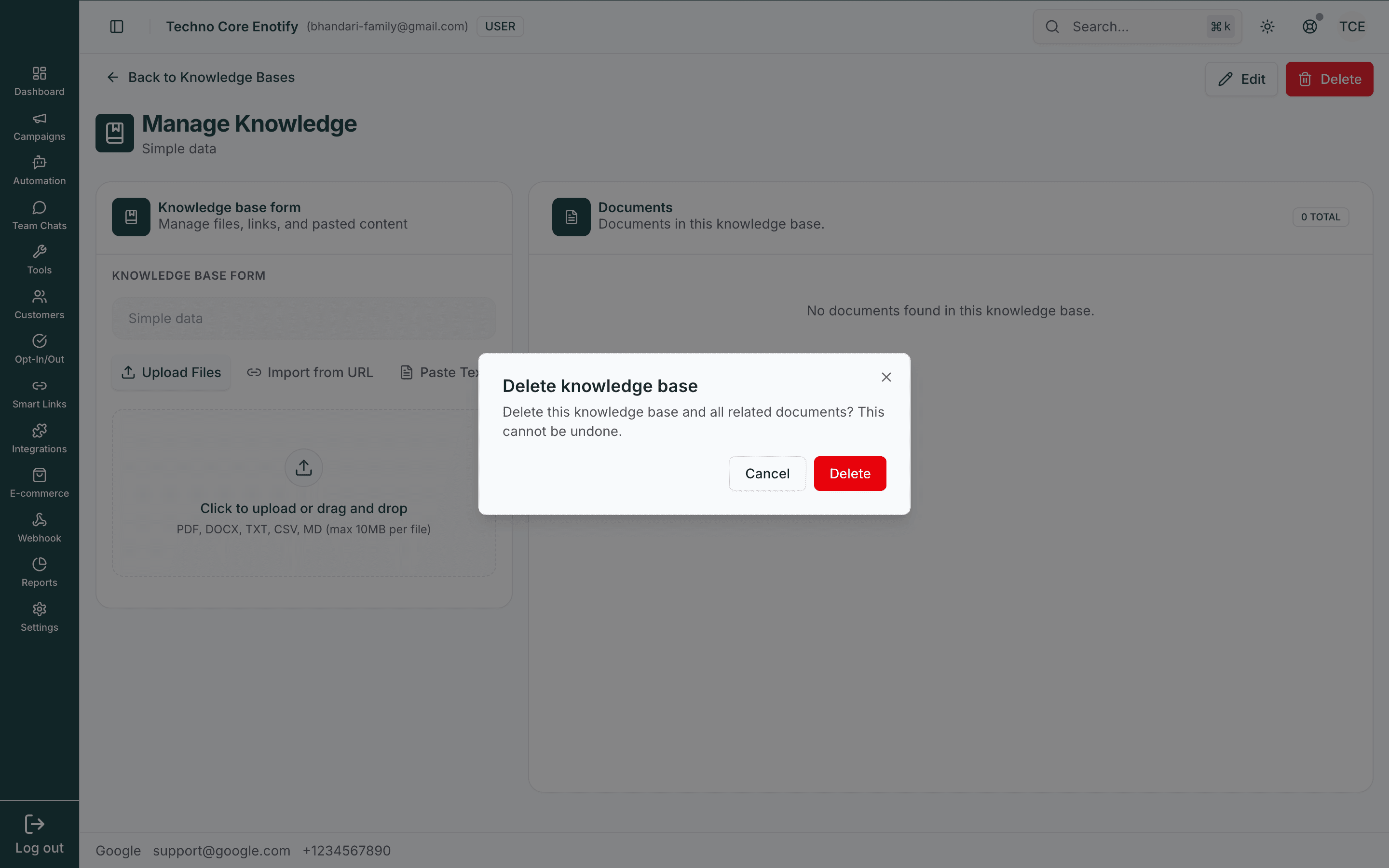 Delete knowledge base confirmation dialog