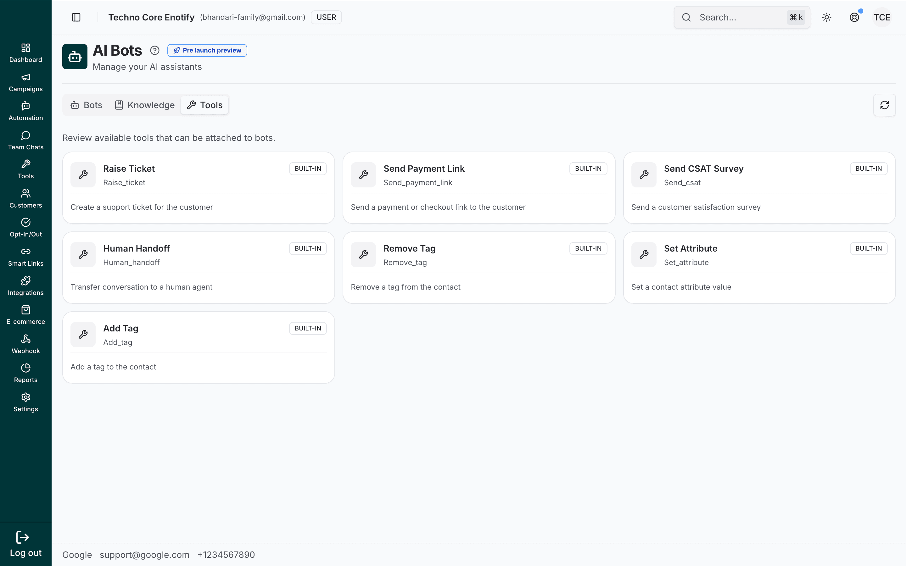 Tools tab listing the built-in tools available to bots