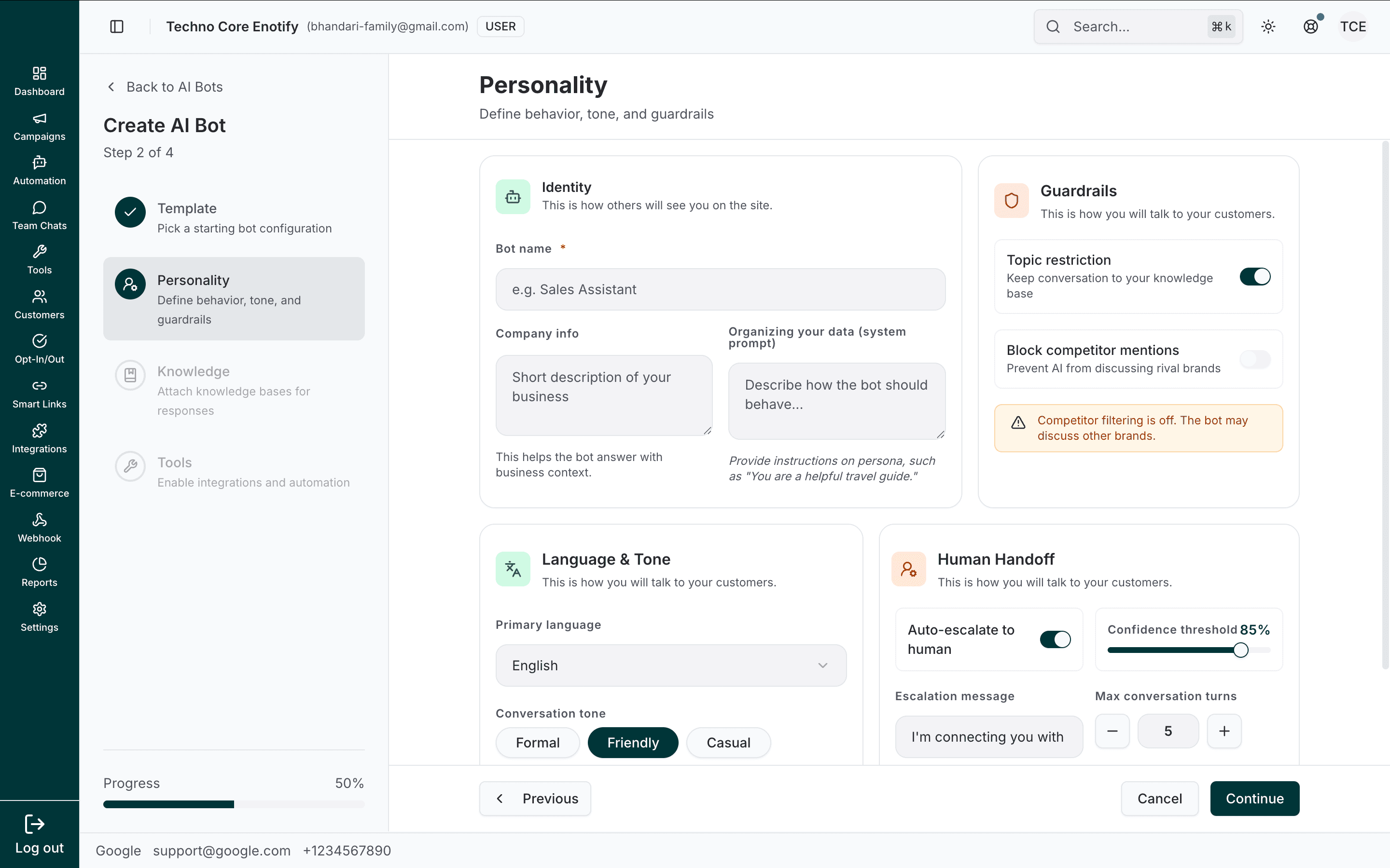 Personality step with Identity, Guardrails, Language & Tone, and Human Handoff panels