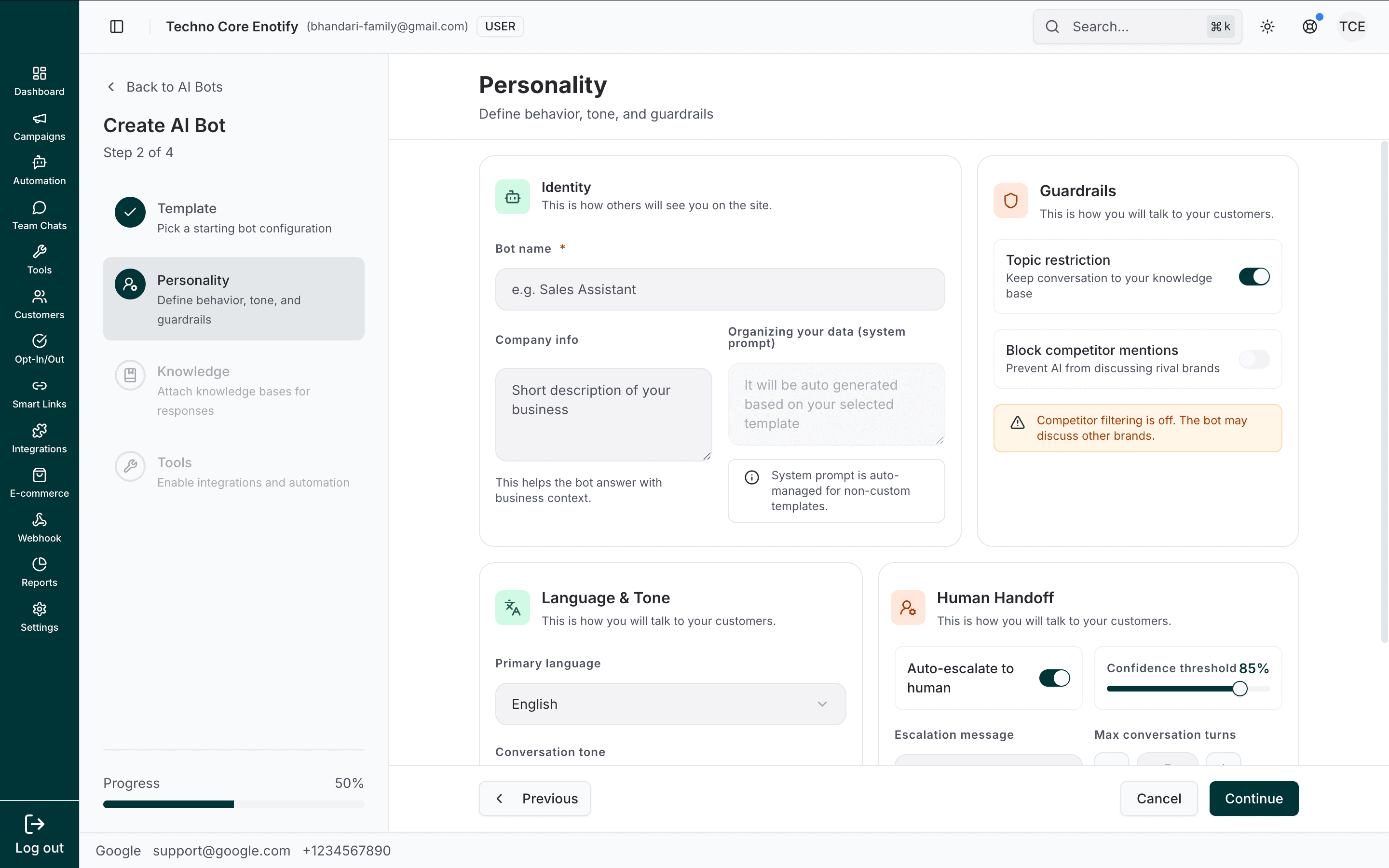 Identity panel on a non-custom template showing the system prompt auto-generated and marked as auto-managed