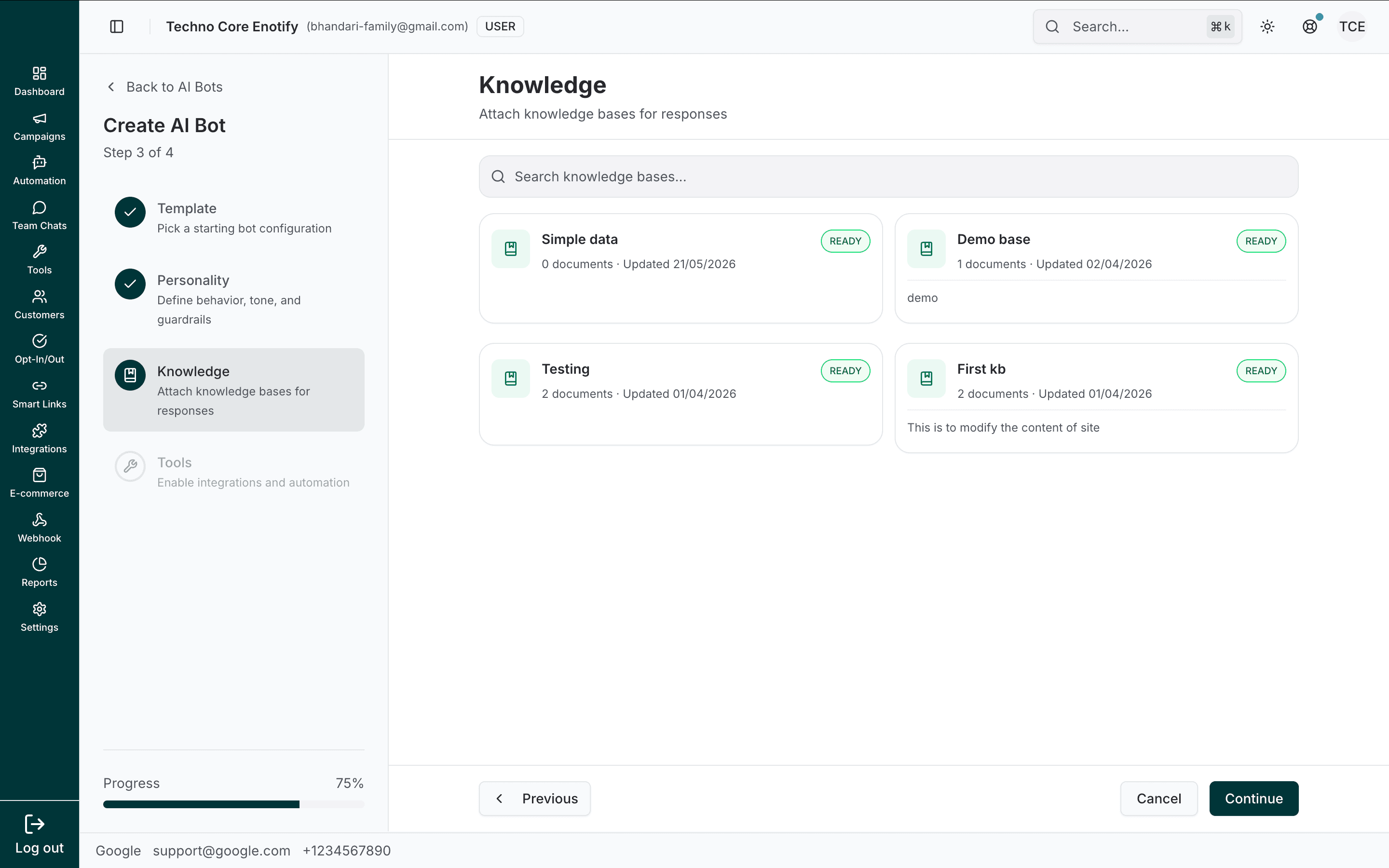 Knowledge step showing selectable knowledge base cards, each marked Ready