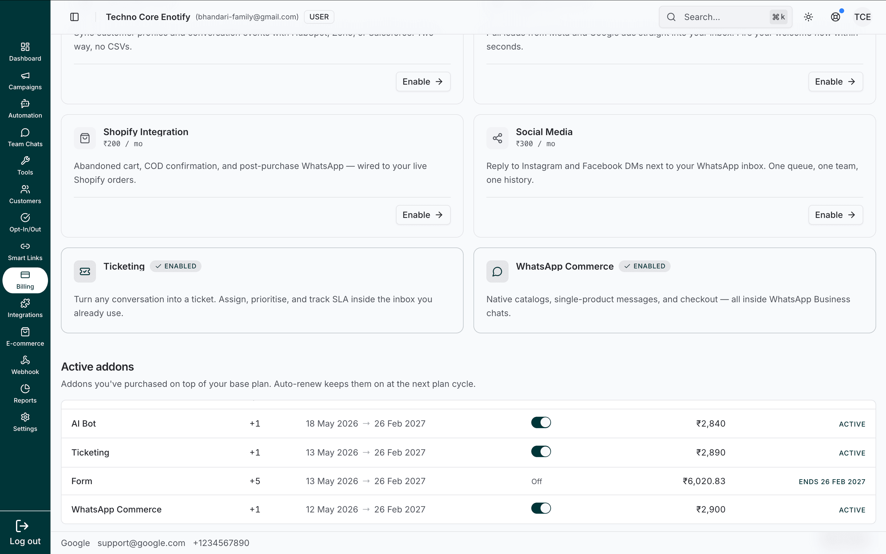 Feature add-on cards such as Shopify Integration, Social Media, Ticketing, and WhatsApp Commerce with Enable buttons and Active addons table