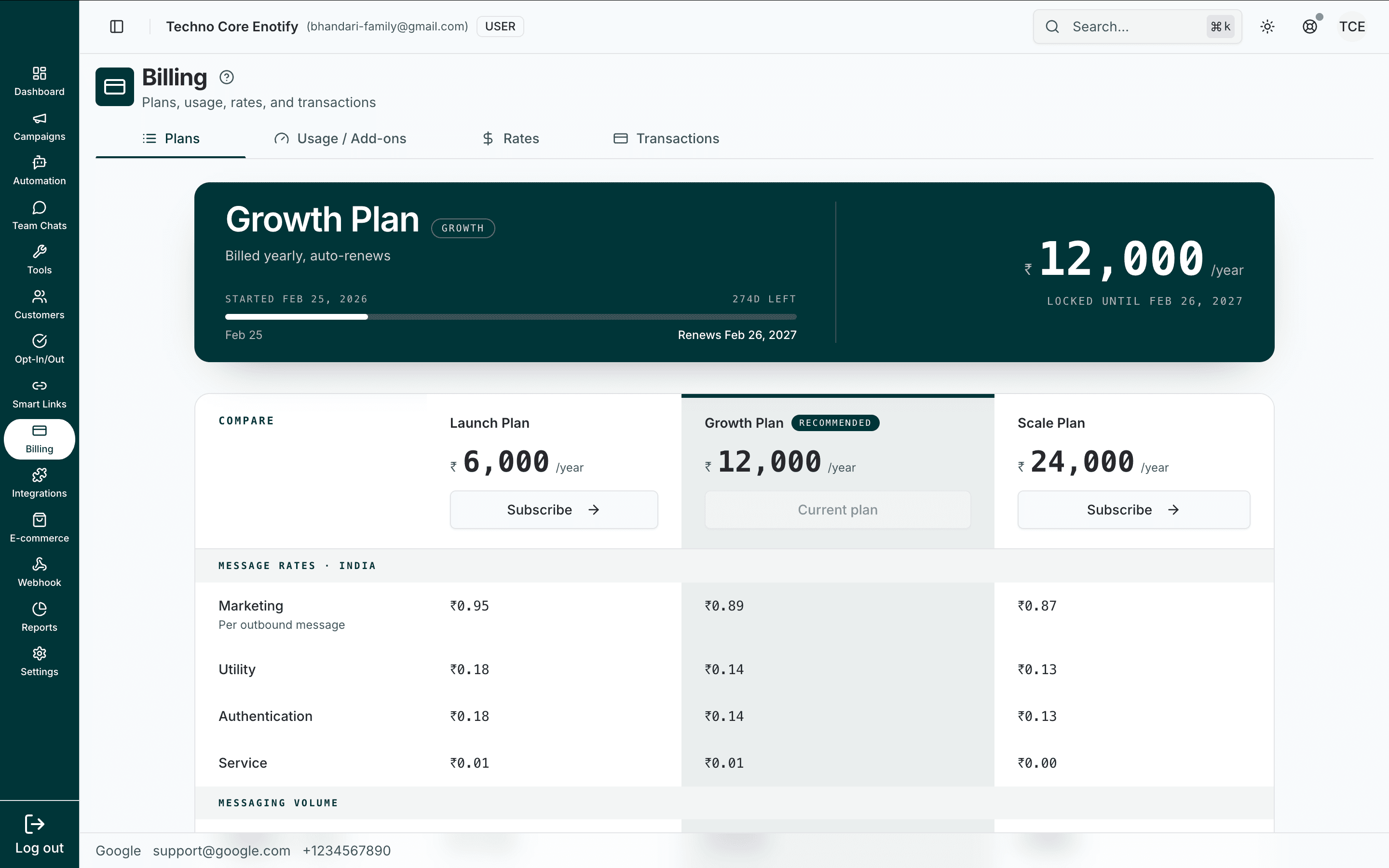 Billing page on the Plans tab showing the current Growth Plan card and a plan comparison table