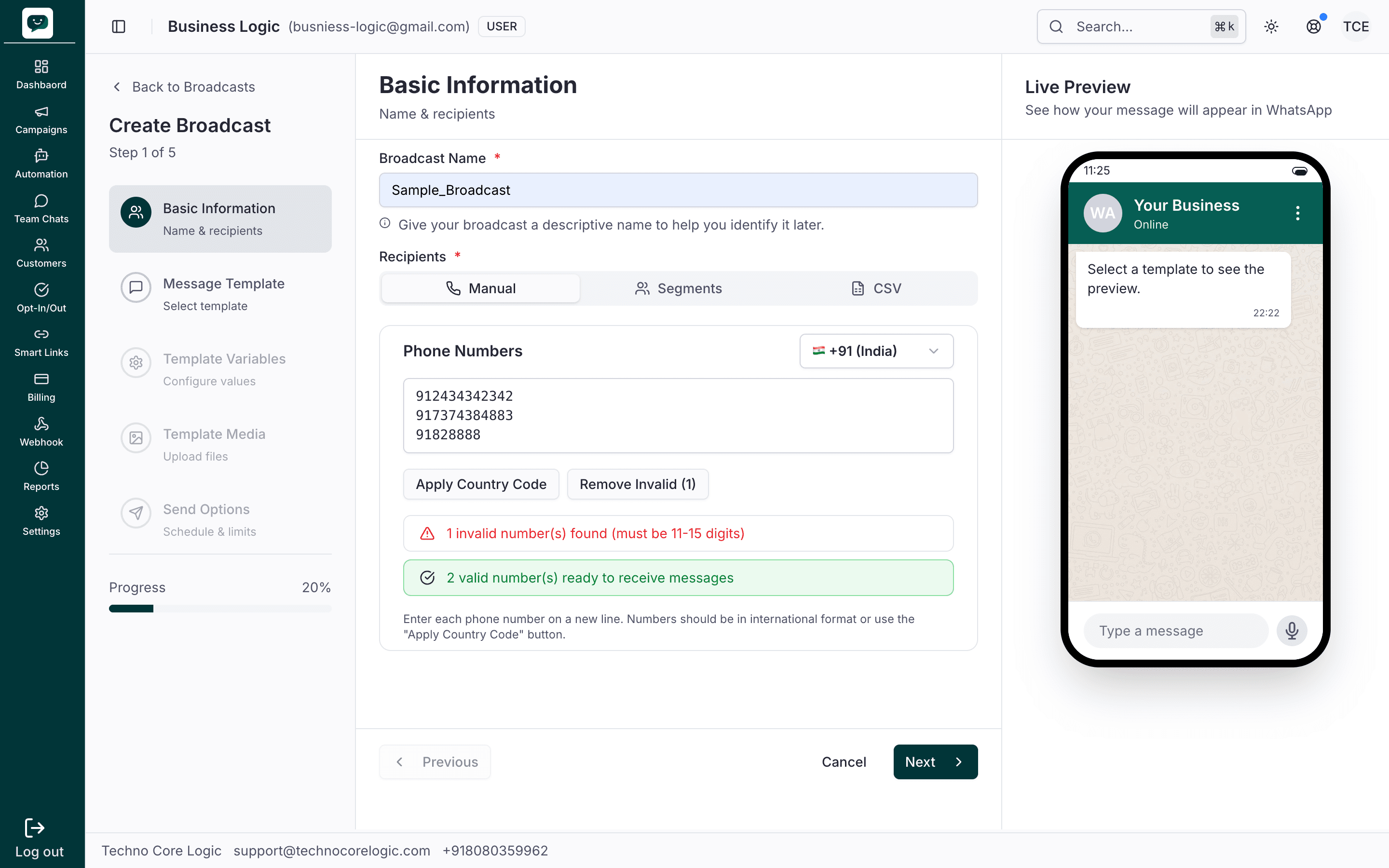 Step 1 – Manual tab: phone numbers, country code, validation