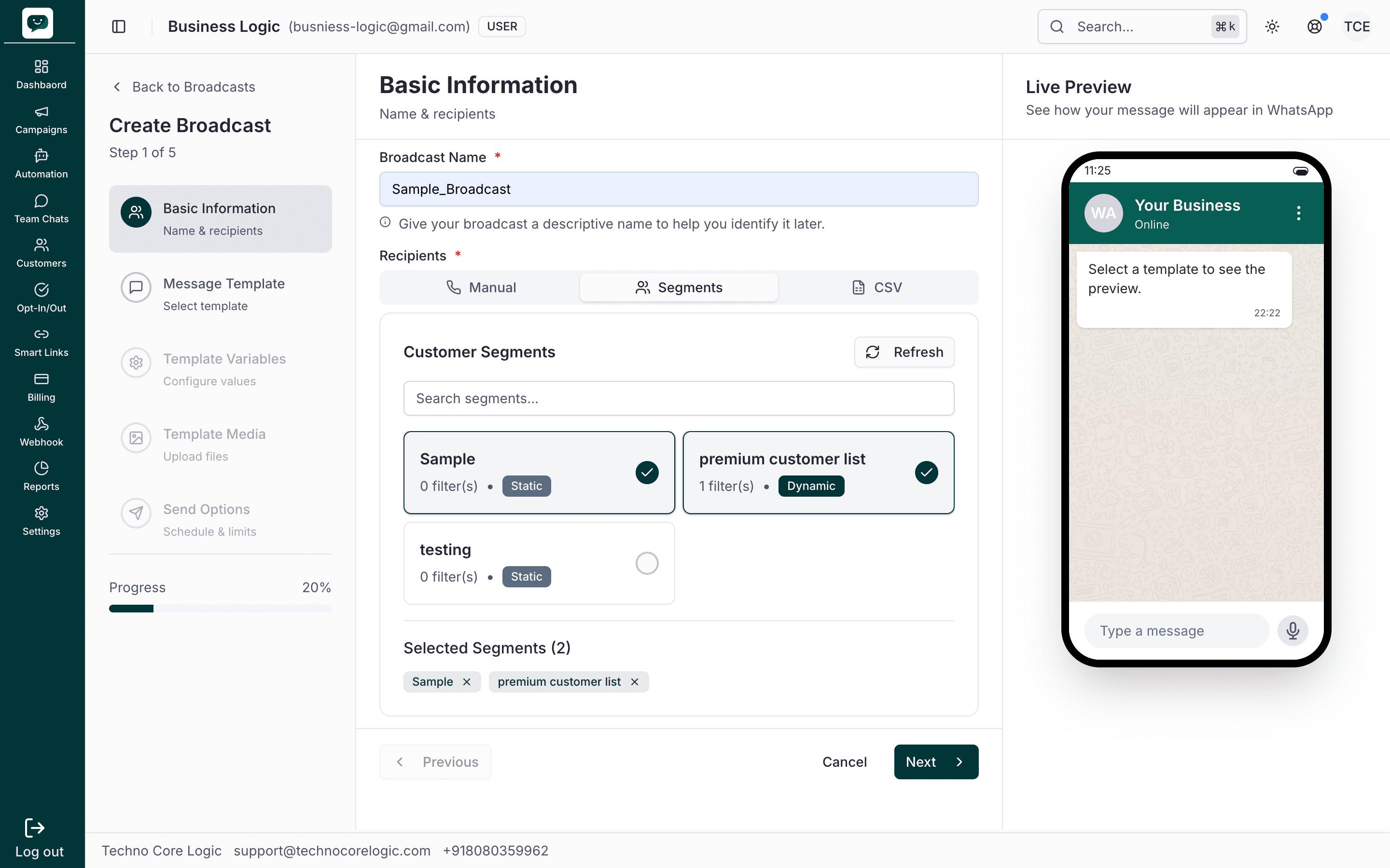 Step 1 – Recipients via Segments: broadcast name, Segments tab, search, segment cards, selected segments as tags, Live Preview