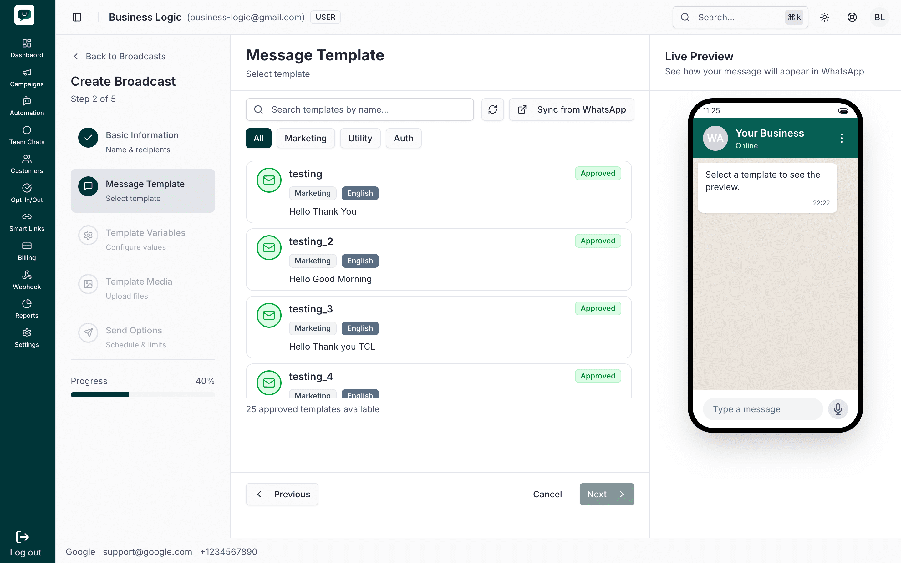 Step 2 – Template list: search, Sync from WhatsApp, category tabs, approved template cards