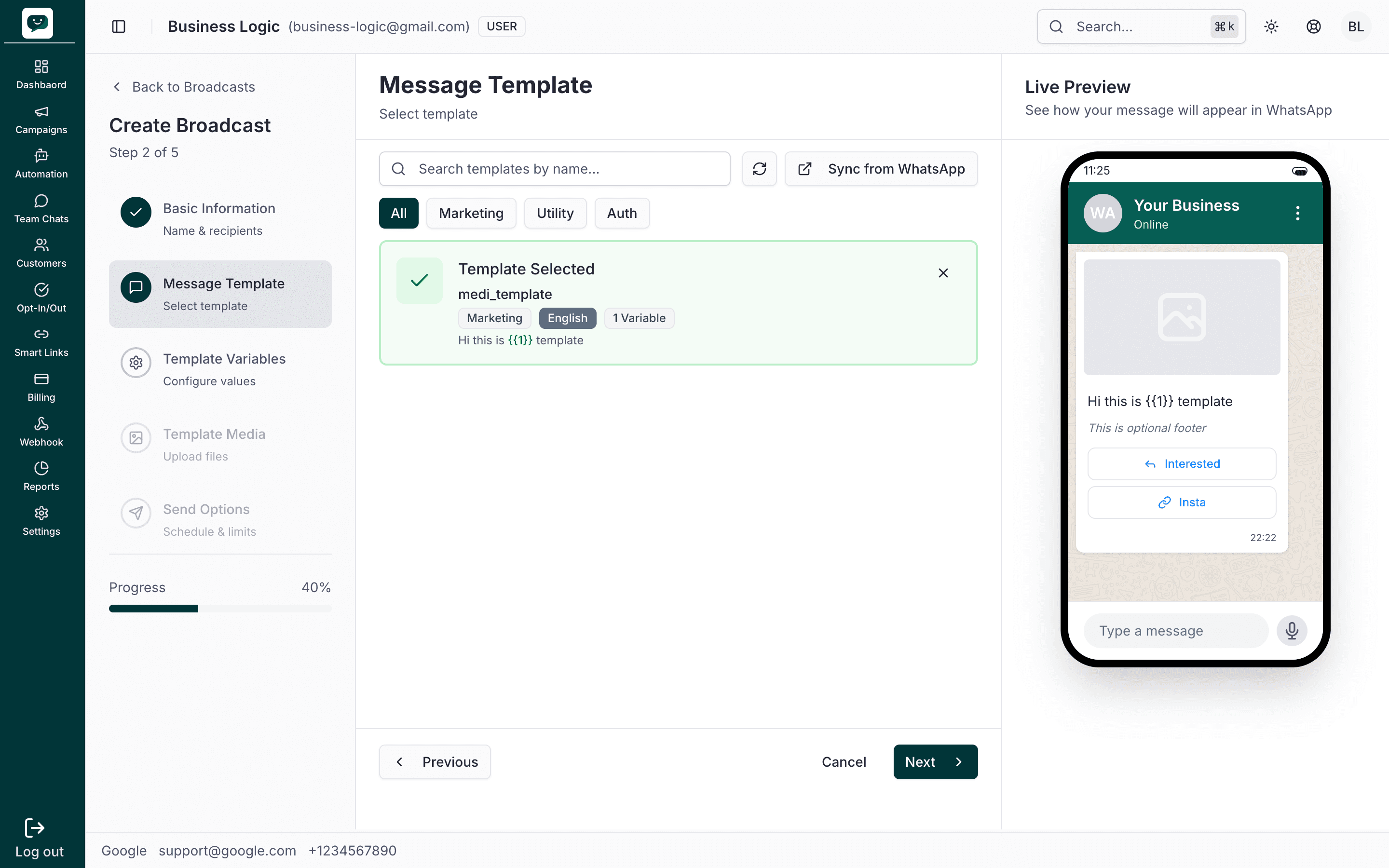 Step 2 – Template selected: Template Selected card with name, category, language, variable count, body text, and Live Preview