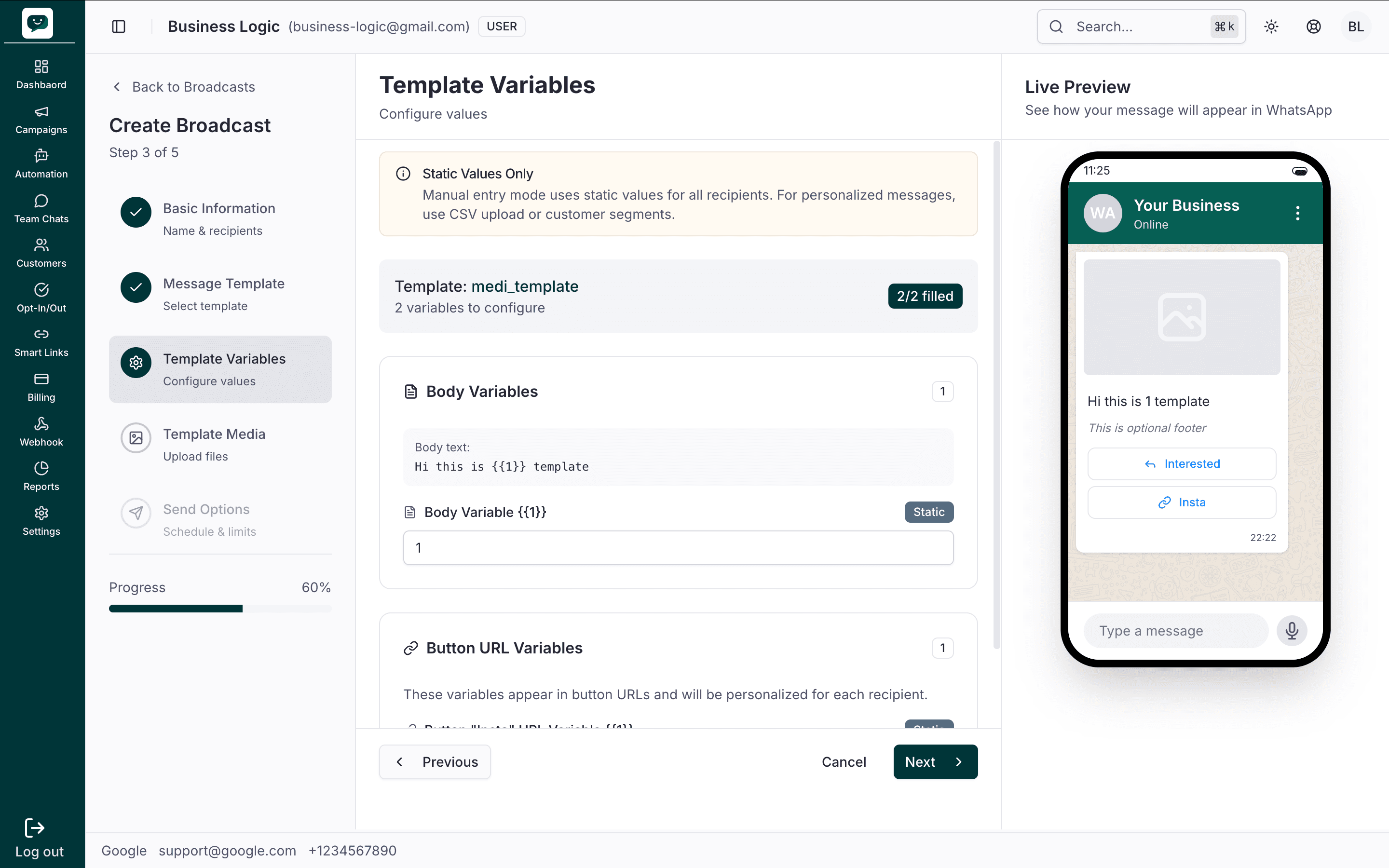 Step 3 – Variables filled: 2/2 filled, Body Variable with static value, Live Preview updated