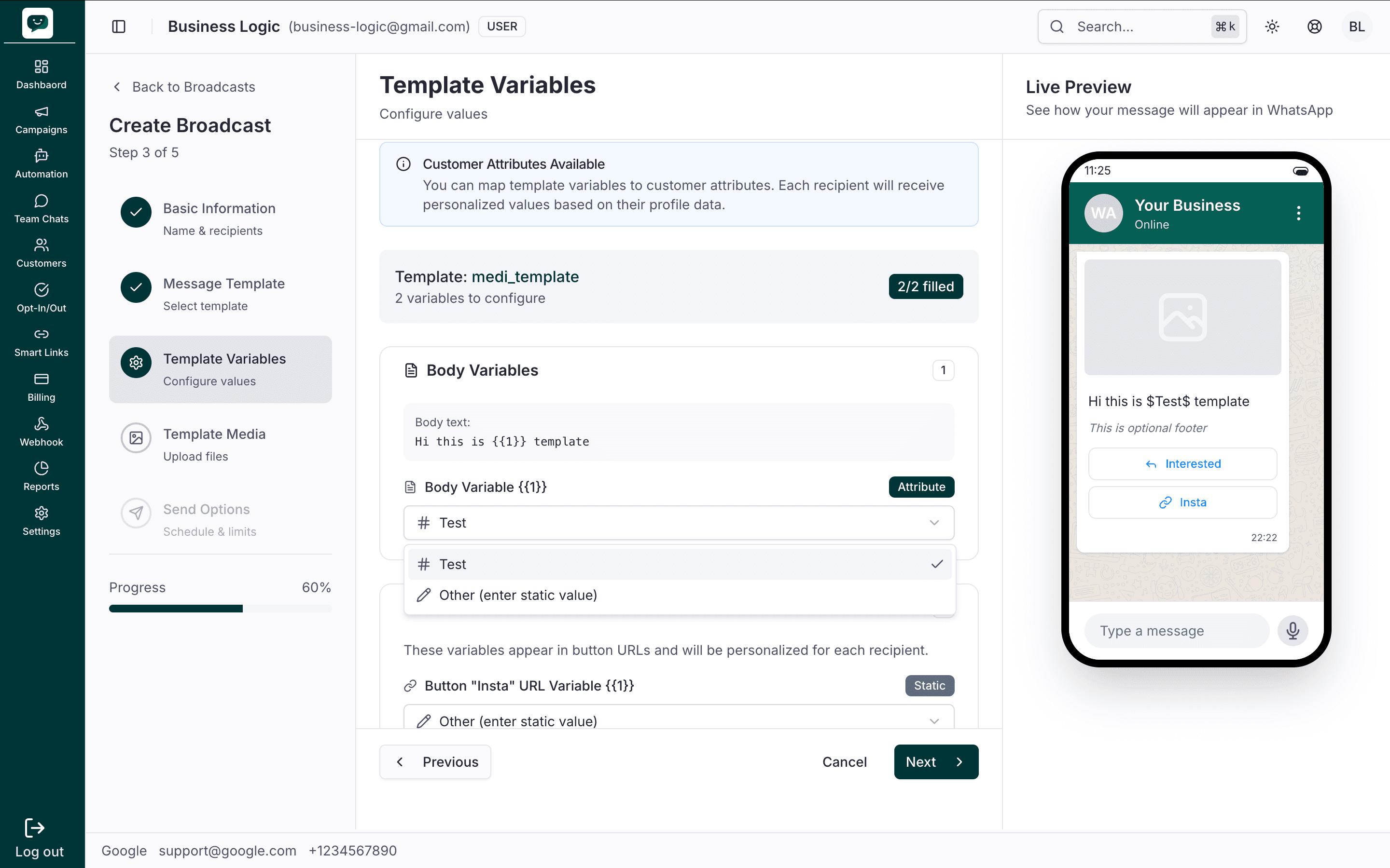 Step 3 – Segment: Customer Attributes Available, variable mapped to attribute, Live Preview