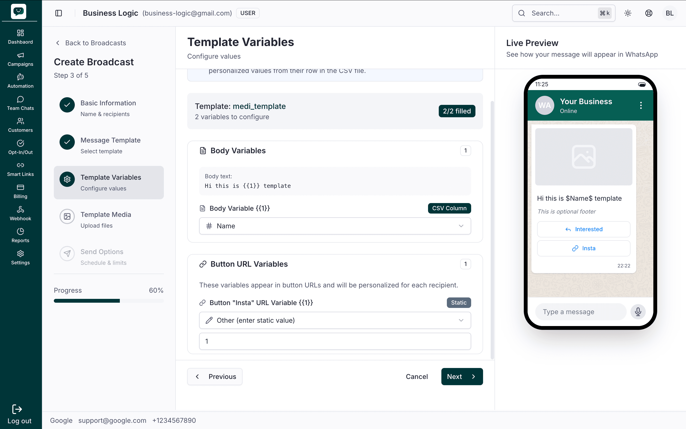 Step 3 – CSV: Body variable from CSV column, Button URL variable static or custom