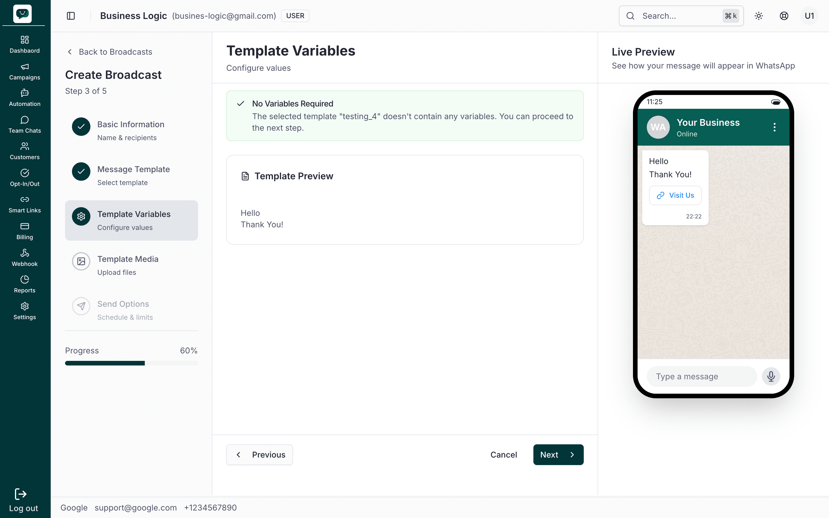 Step 2 – When template has no variables: Step 3 shows No Variables Required and Template Preview