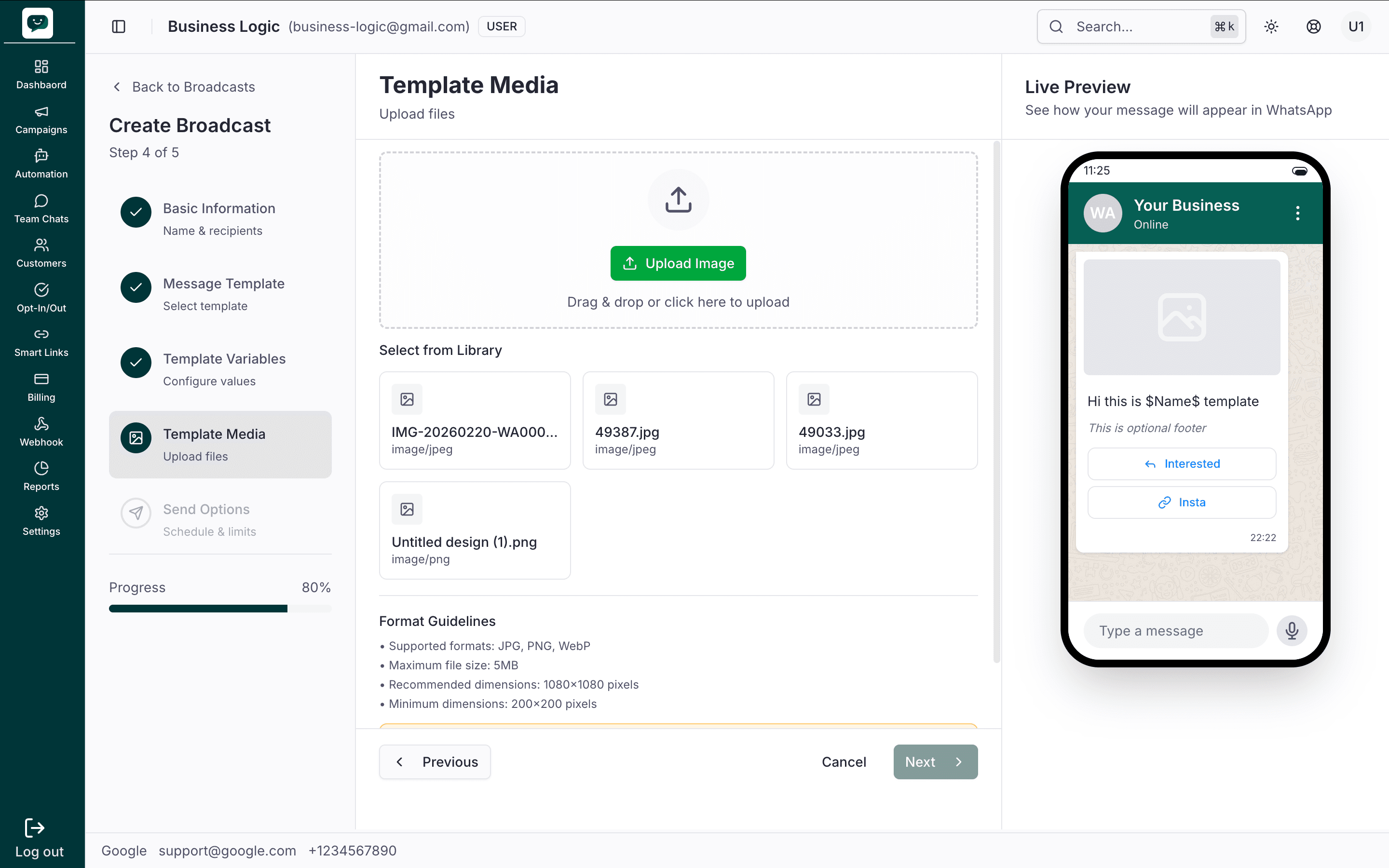 Step 4 – Upload area and Media Library grid with format guidelines
