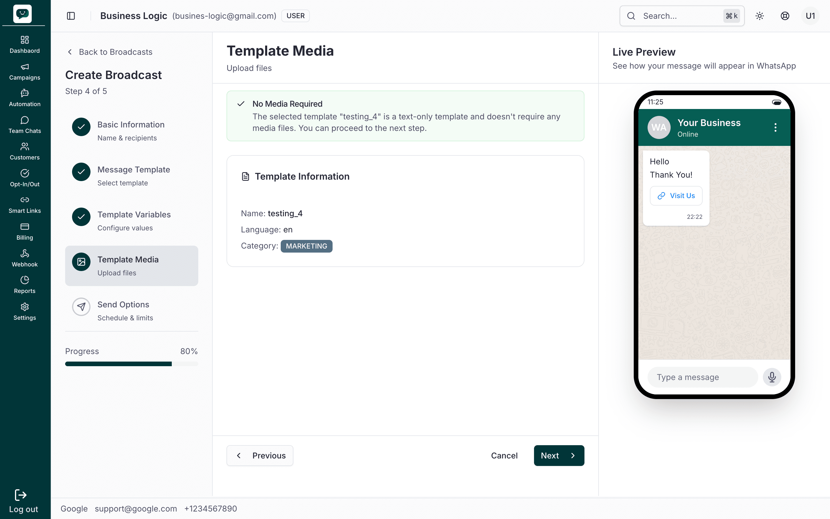 Step 4 – No Media Required for text-only template, template info, Live Preview