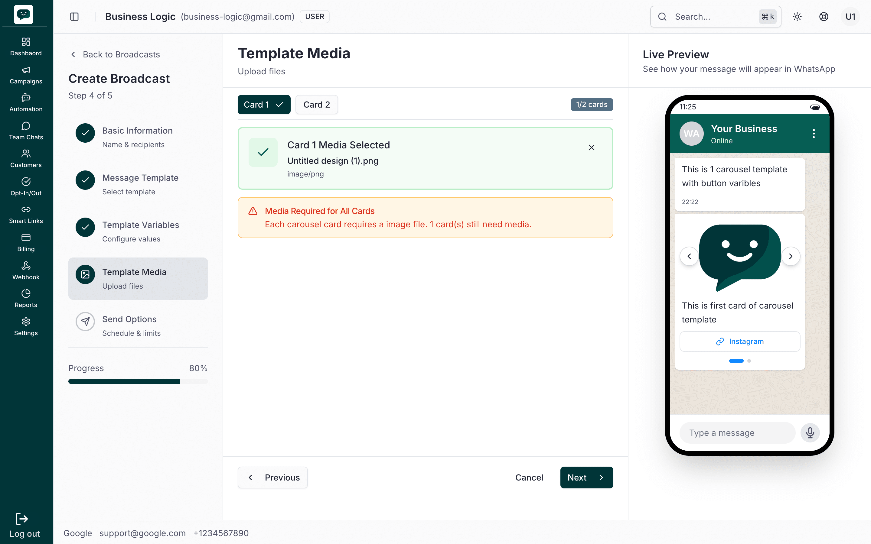 Step 4 – Carousel: Live Preview with carousel cards, first card with image and Instagram button