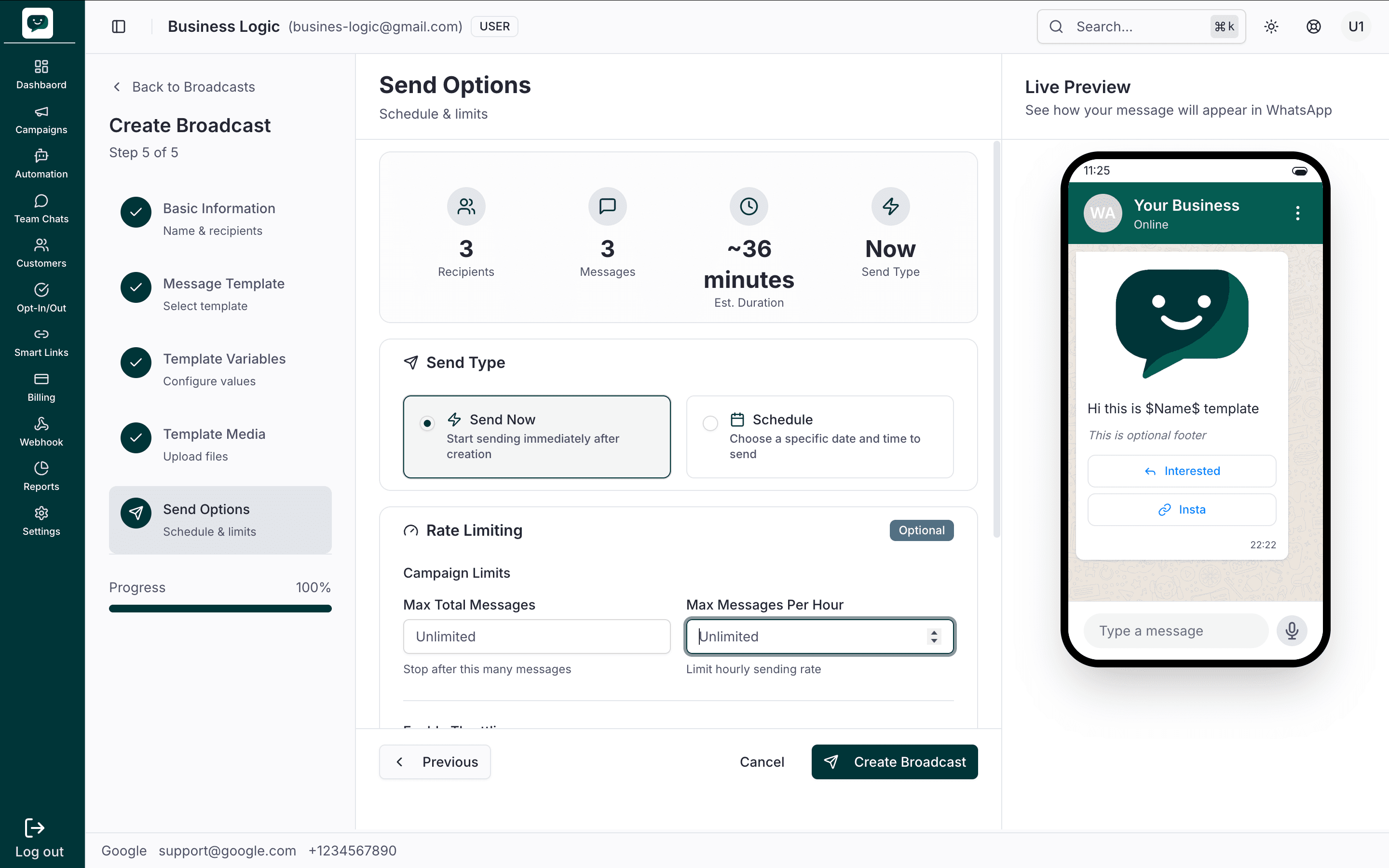 Step 5 – Send Now selected, summary cards, optional Campaign Limits, Create Broadcast button