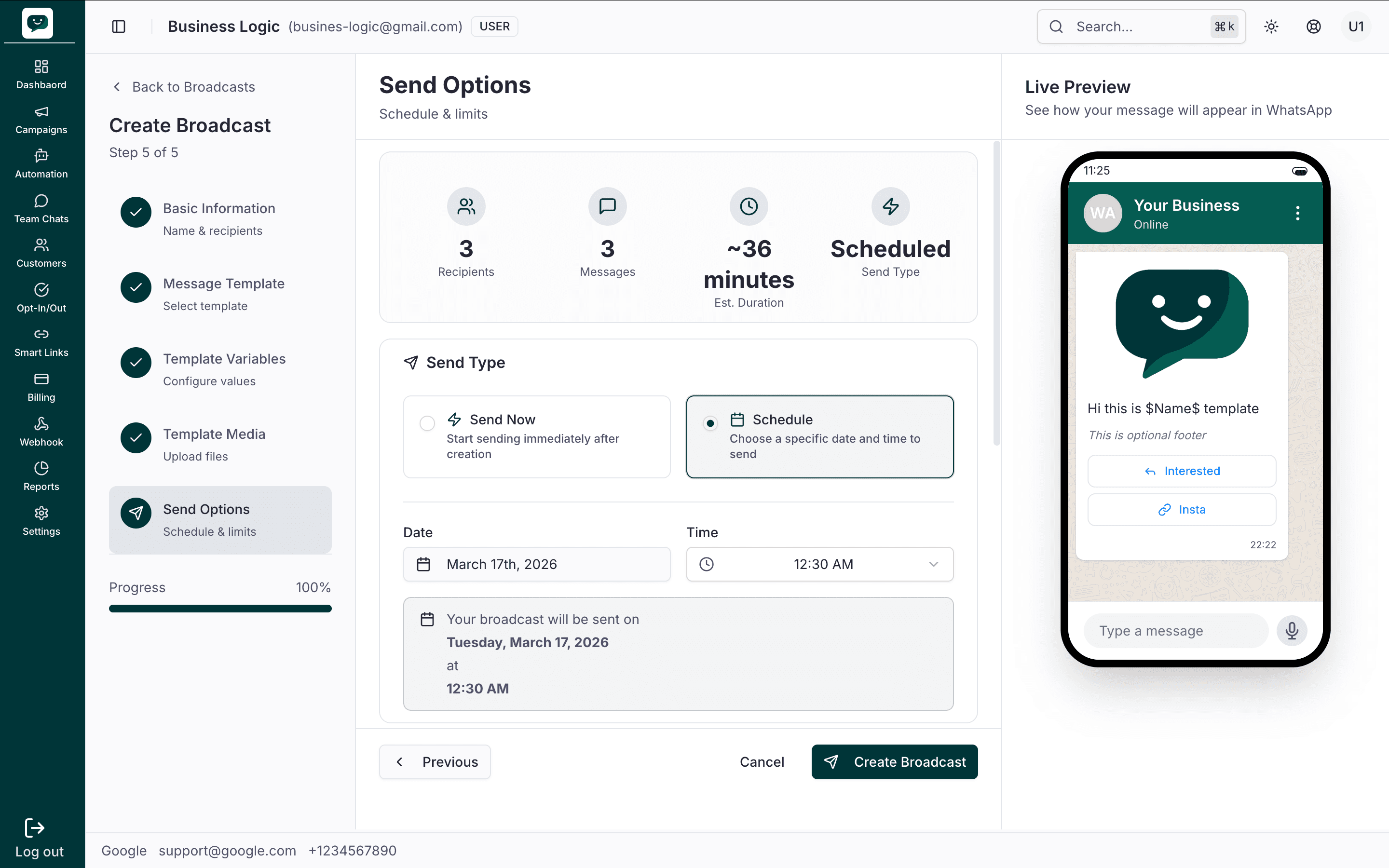 Step 5 – Schedule selected with date and time pickers, confirmation text