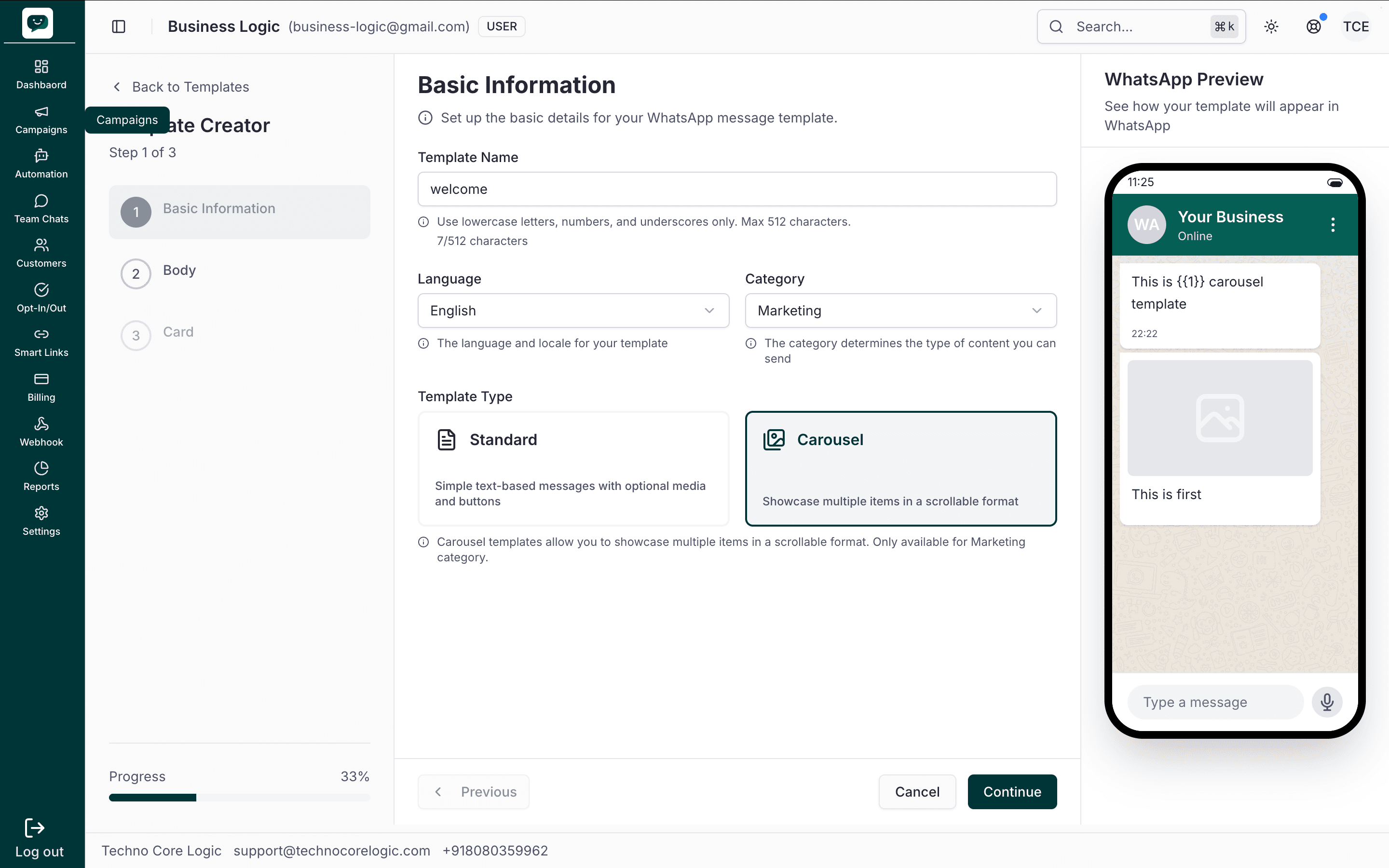 Carousel template — Basic Information step with Template type set to Carousel and Category Marketing