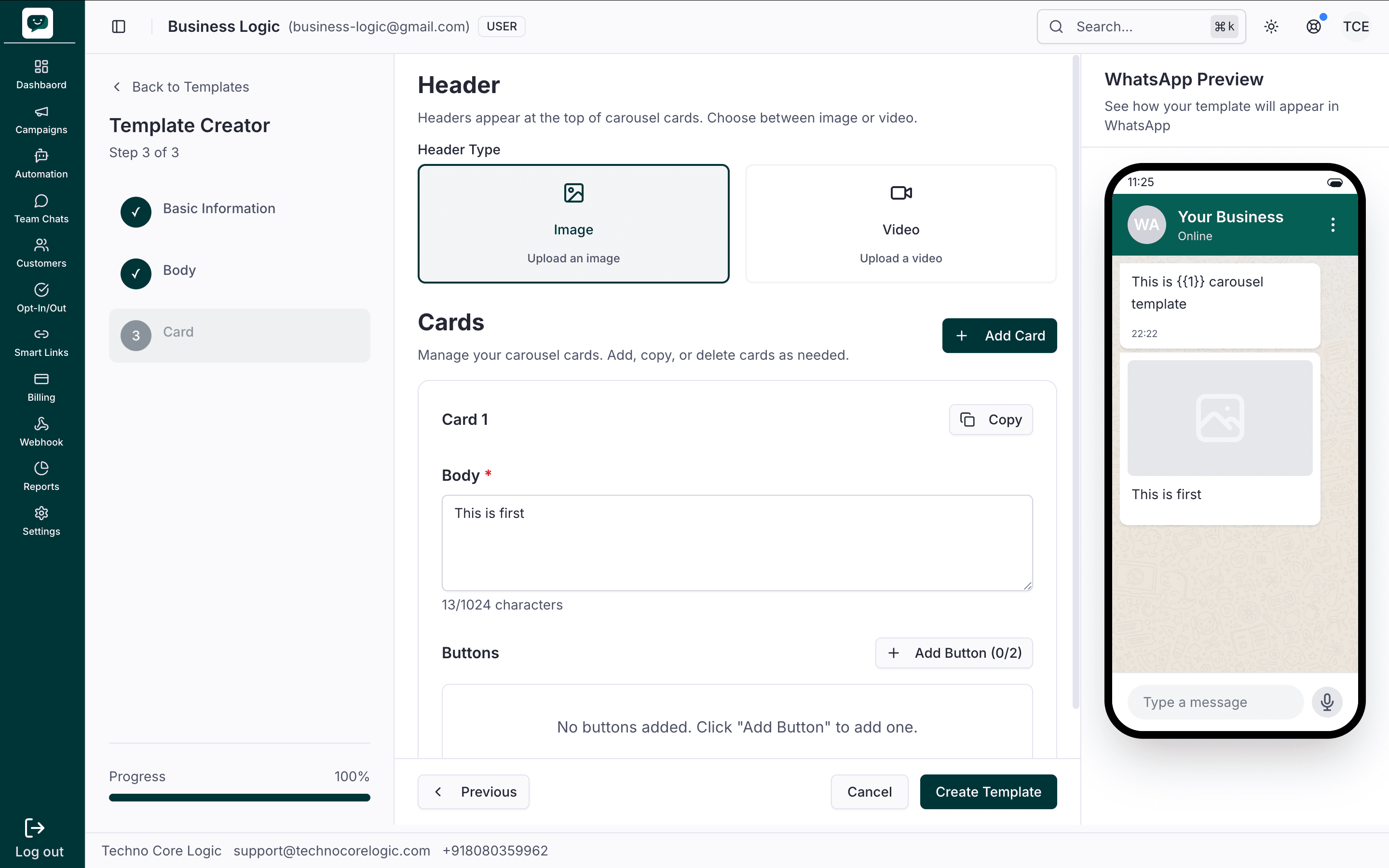 Carousel template — Card step showing header type (Image/Video), card list with body and buttons, and Add Card / Copy / Delete