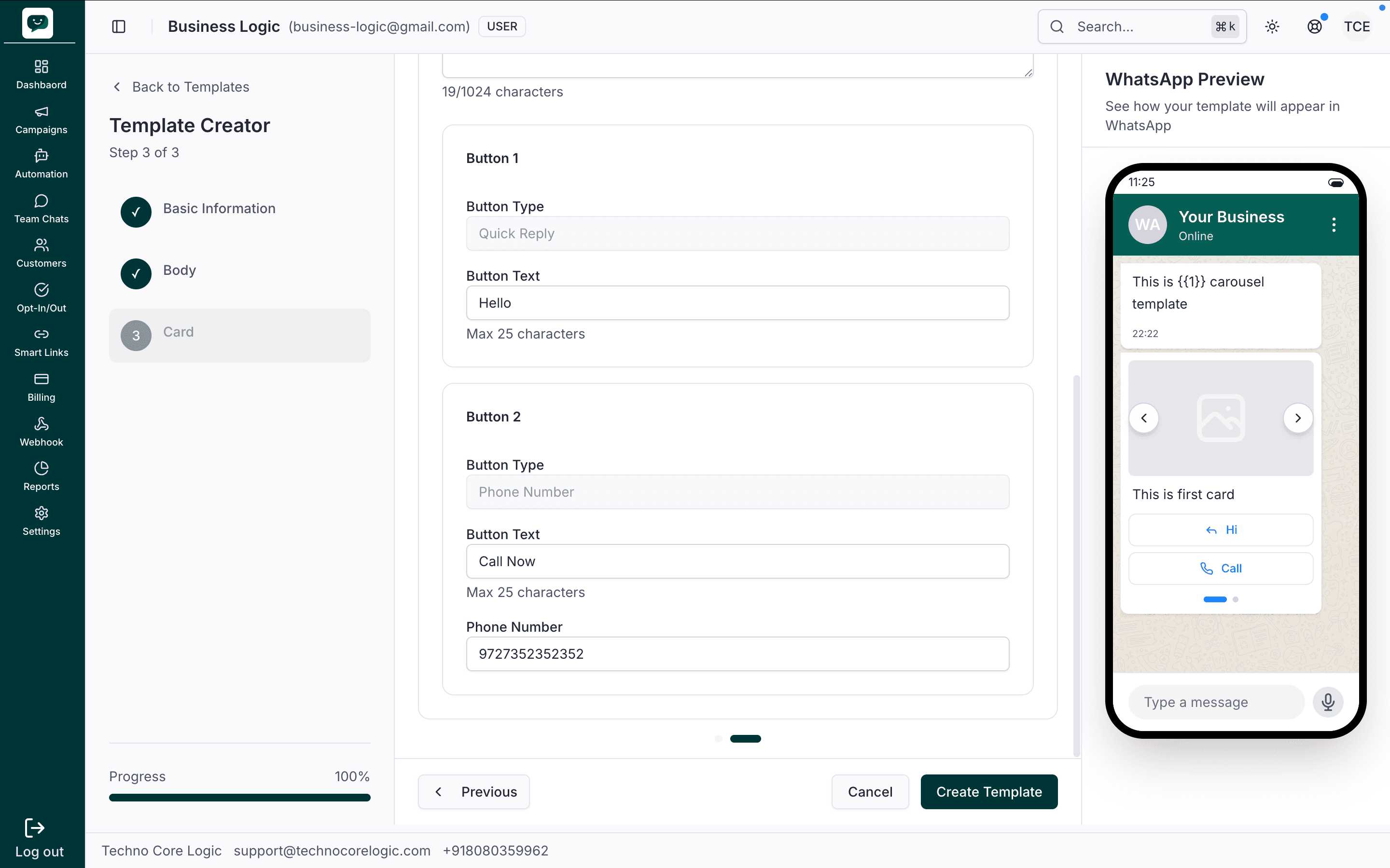 Carousel template — Single card editor with body text, button type, button text, URL/phone fields, and variable examples
