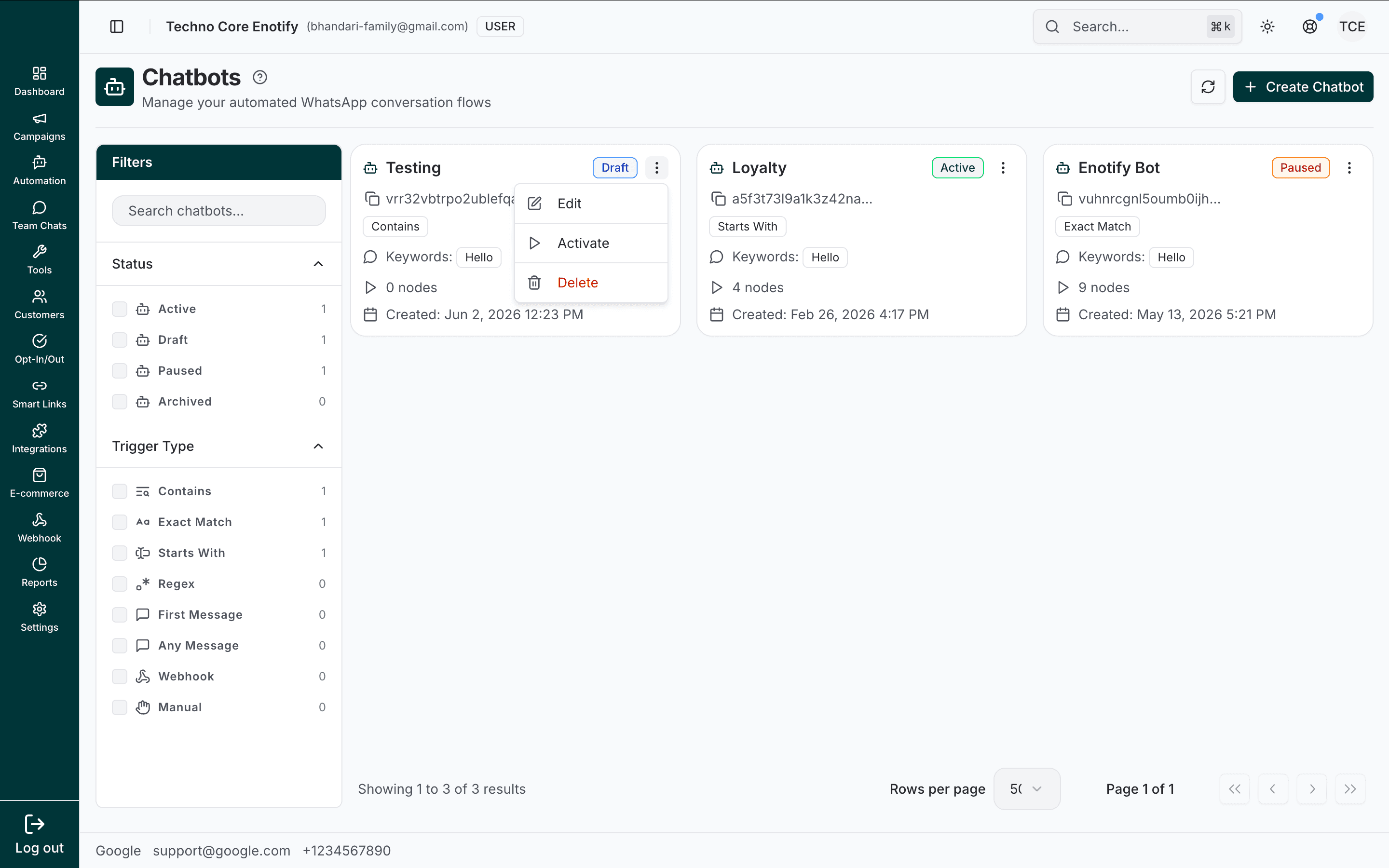 Chatbots page listing chatbot cards with their trigger type, keywords, node count, status, and created date, alongside a Filters sidebar