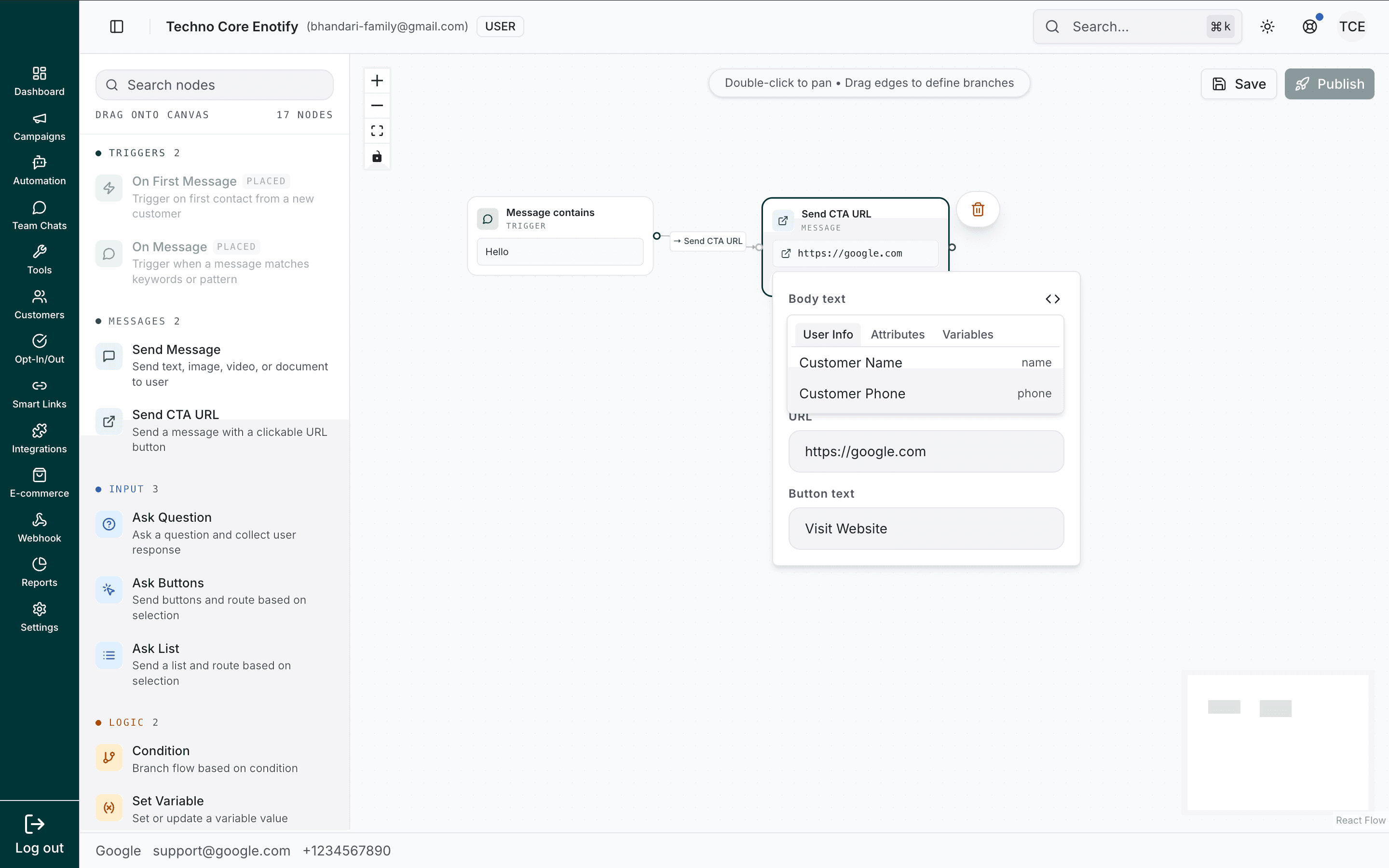 Variable picker open on the User Info tab listing Customer Name and Customer Phone