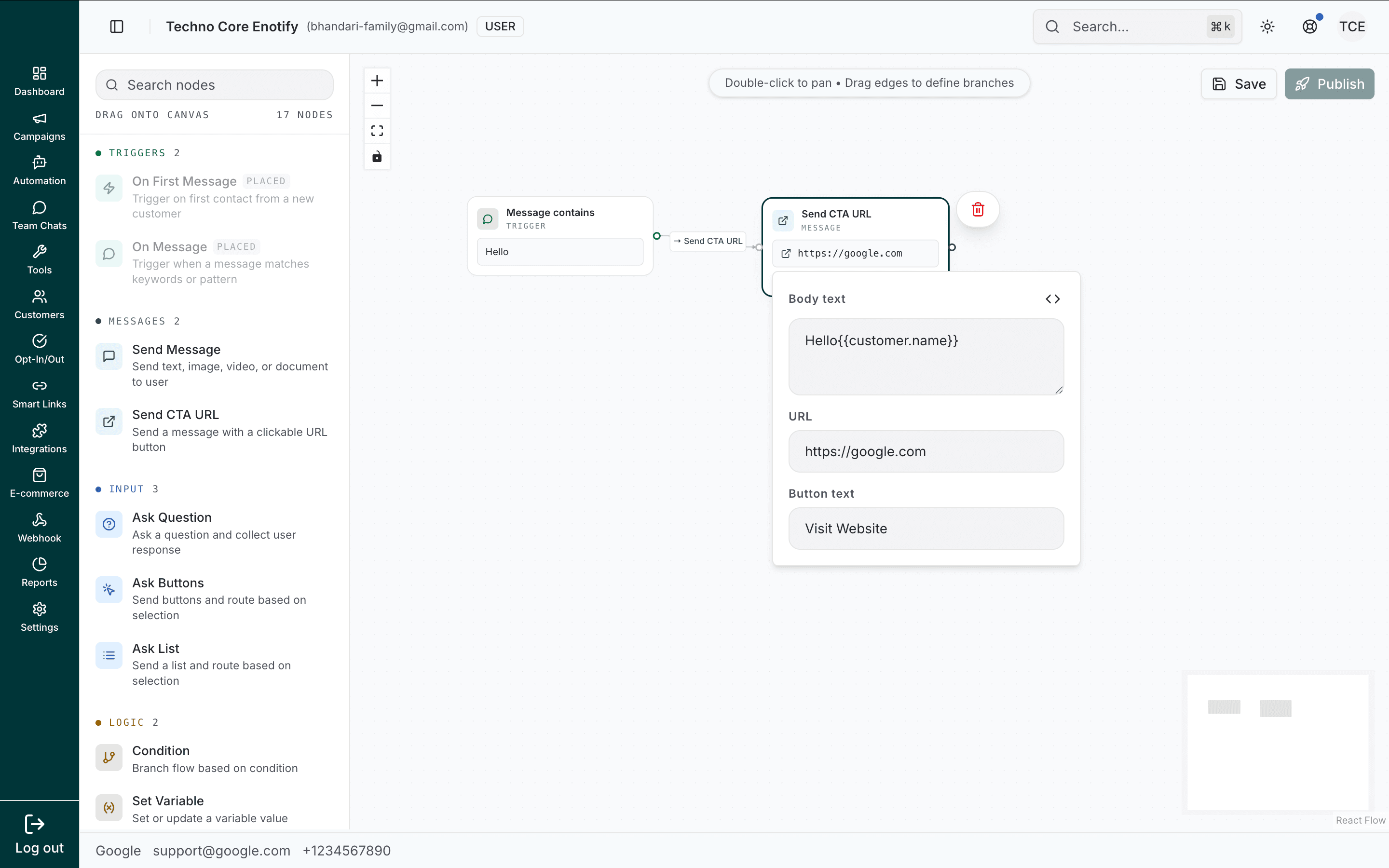 Send CTA URL body text with a customer name variable inserted