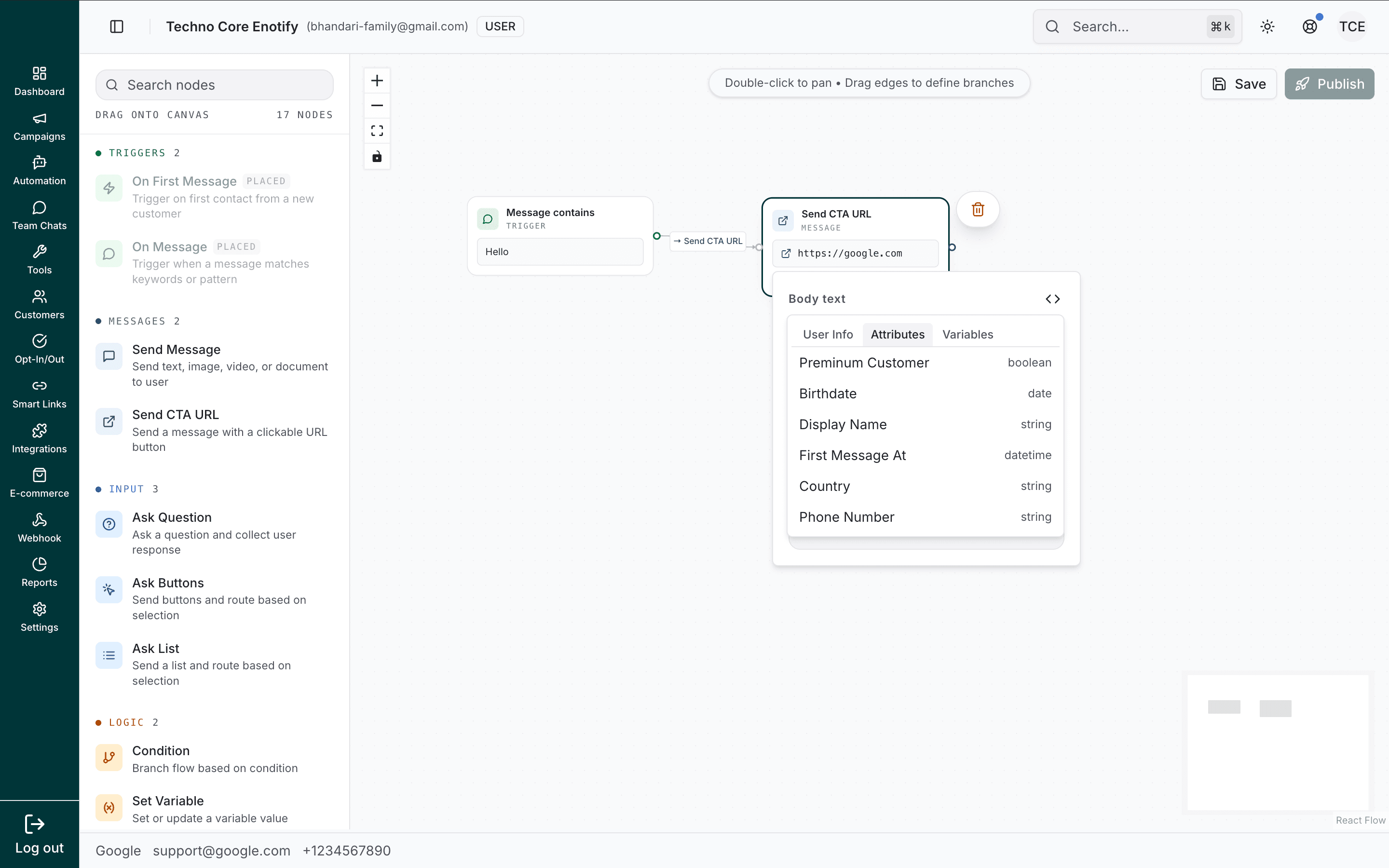 Variable picker open on the Attributes tab listing contact attributes like Birthdate and Display Name