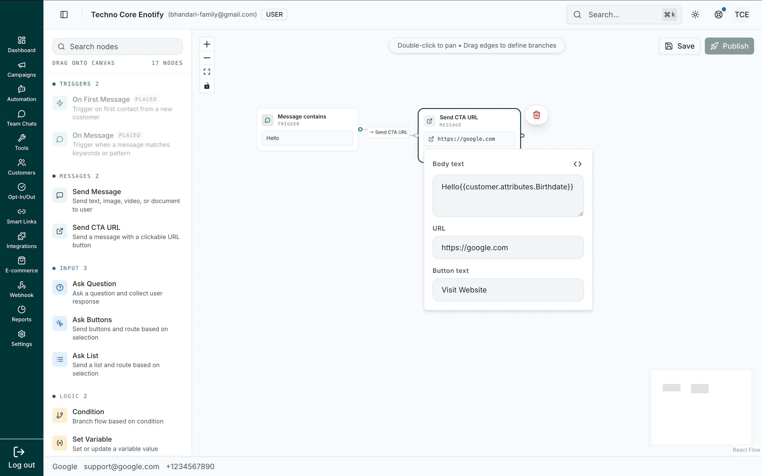 Send CTA URL body text with a contact attribute variable inserted