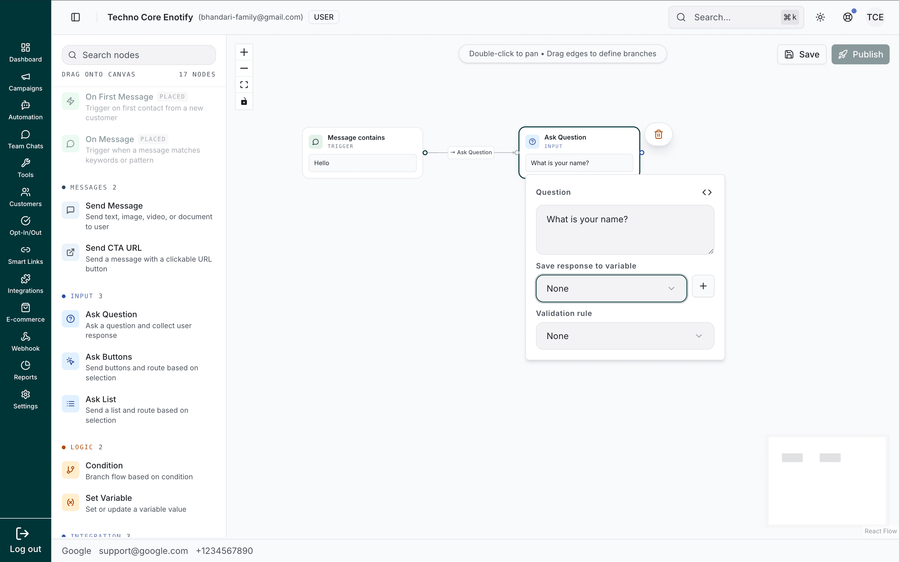 Ask Question node showing the question, save-to-variable, and validation rule fields