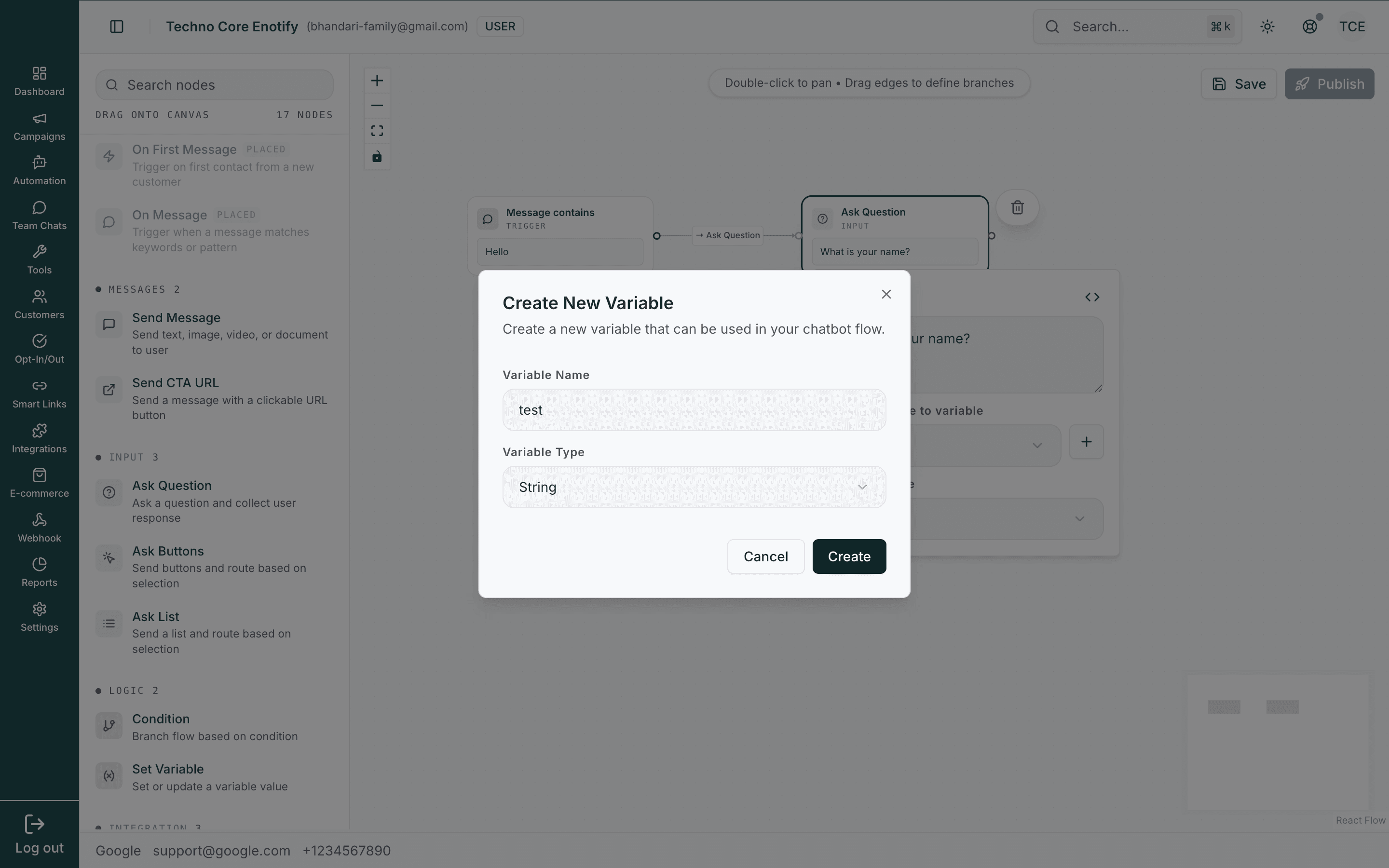 Create New Variable dialog with a name field and a type selector