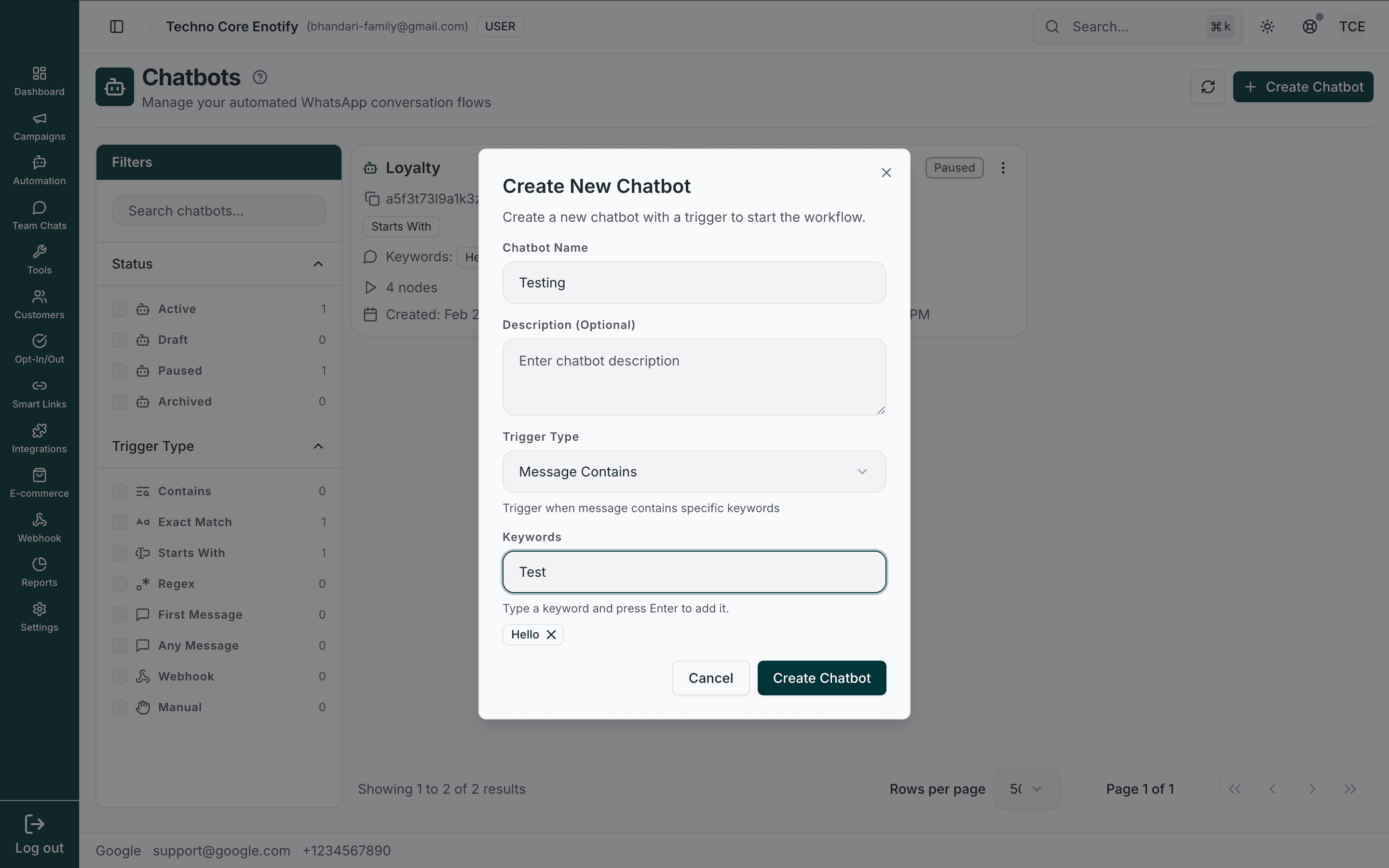 Create New Chatbot dialog with name, description, trigger type, and keywords fields