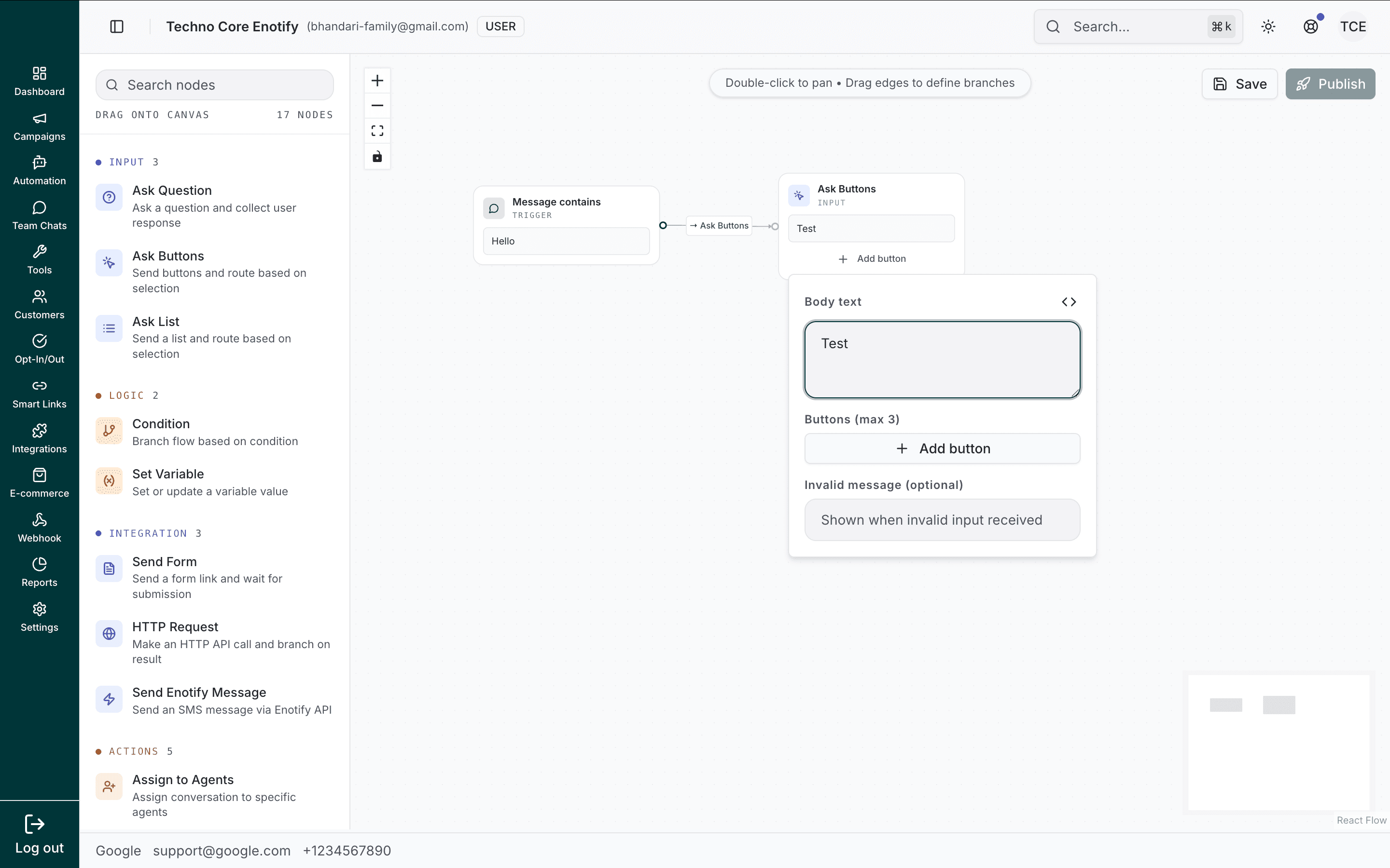 Ask Buttons node showing body text, an Add button control, and an invalid message field