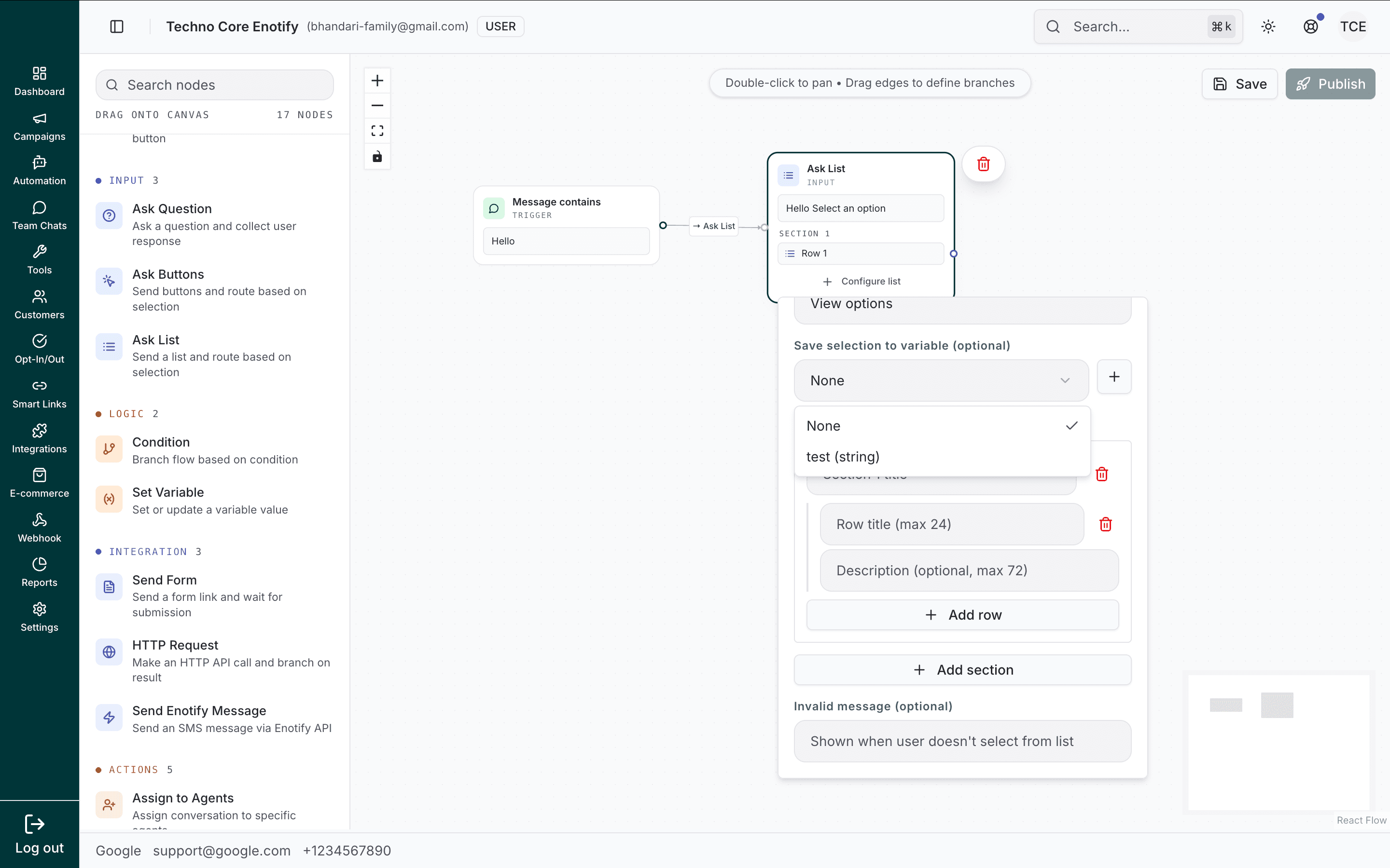 Ask List node showing the body text, save-to-variable, row title and description fields
