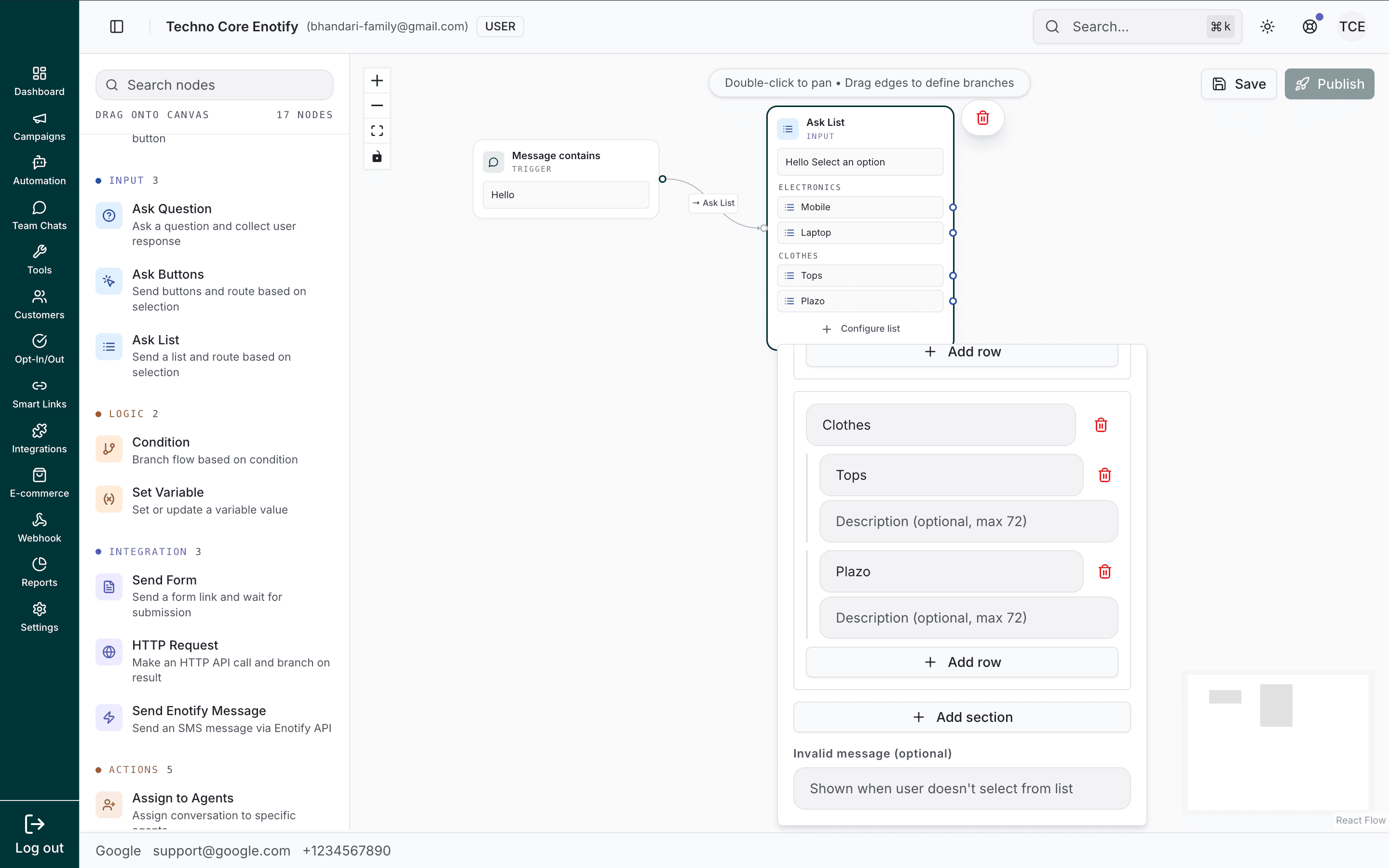 Ask List node with a Mobile/Laptop section and a Clothes section containing rows