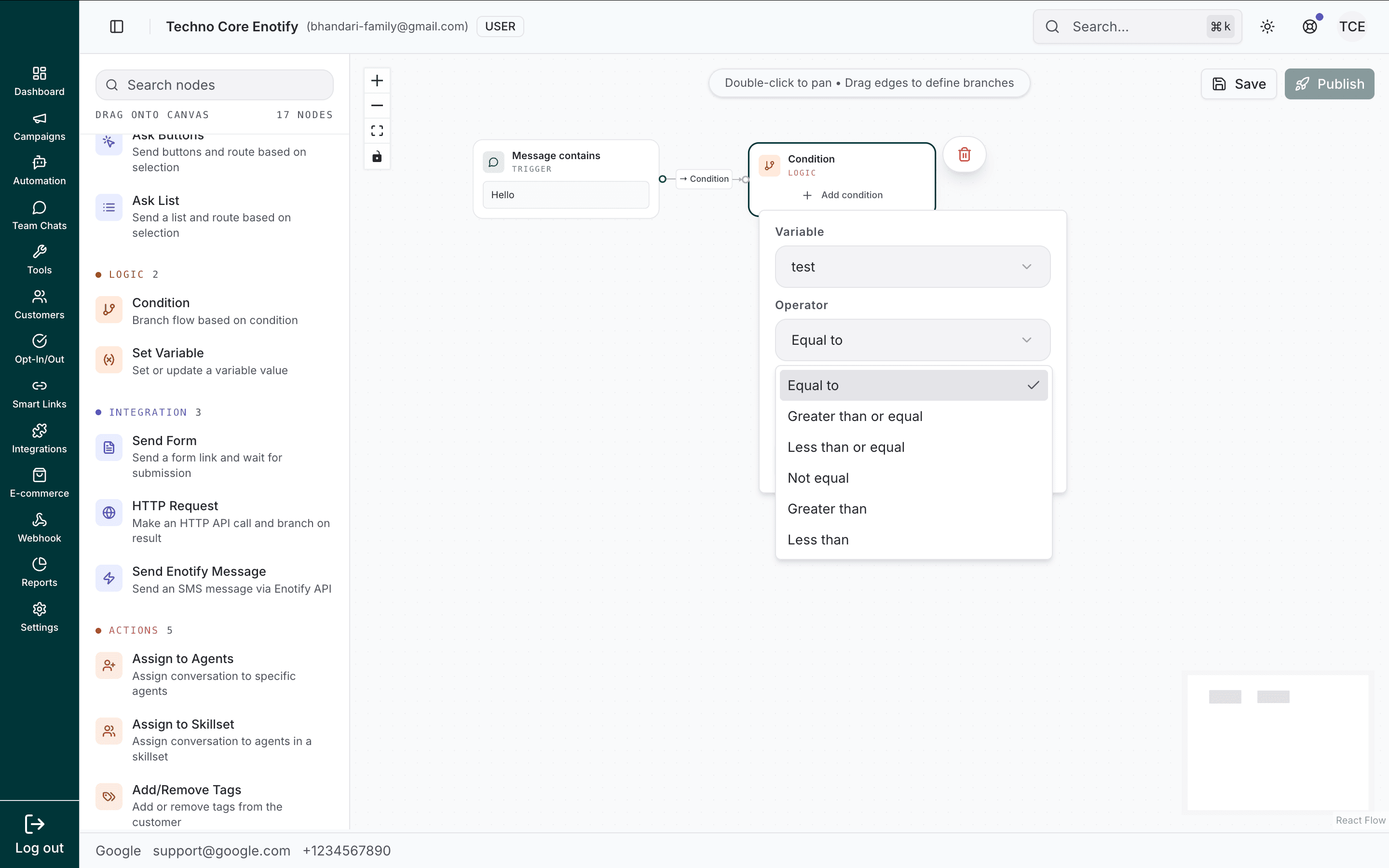 Operator dropdown listing the six comparison operators