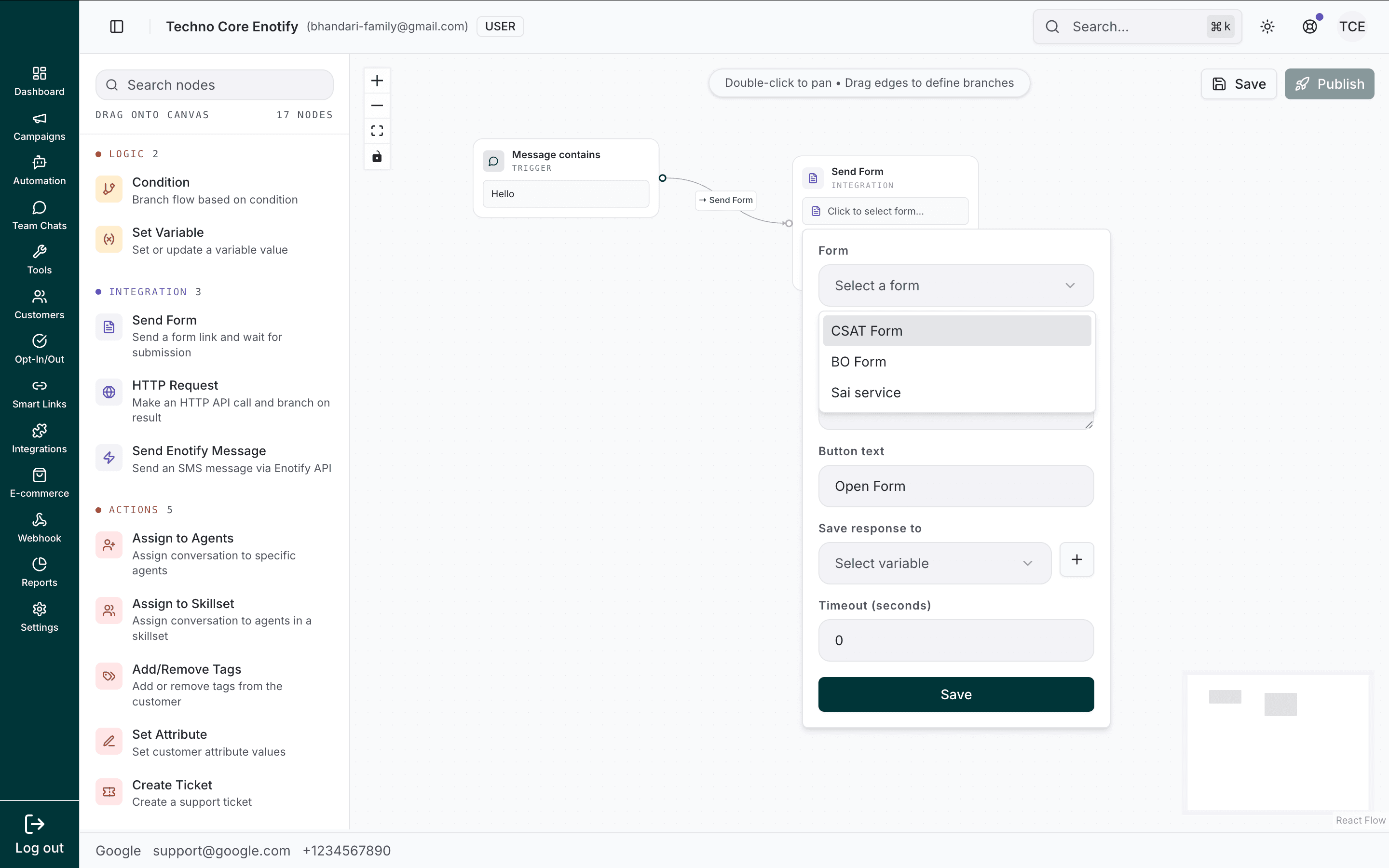 Send Form node with the form selector open, listing available forms