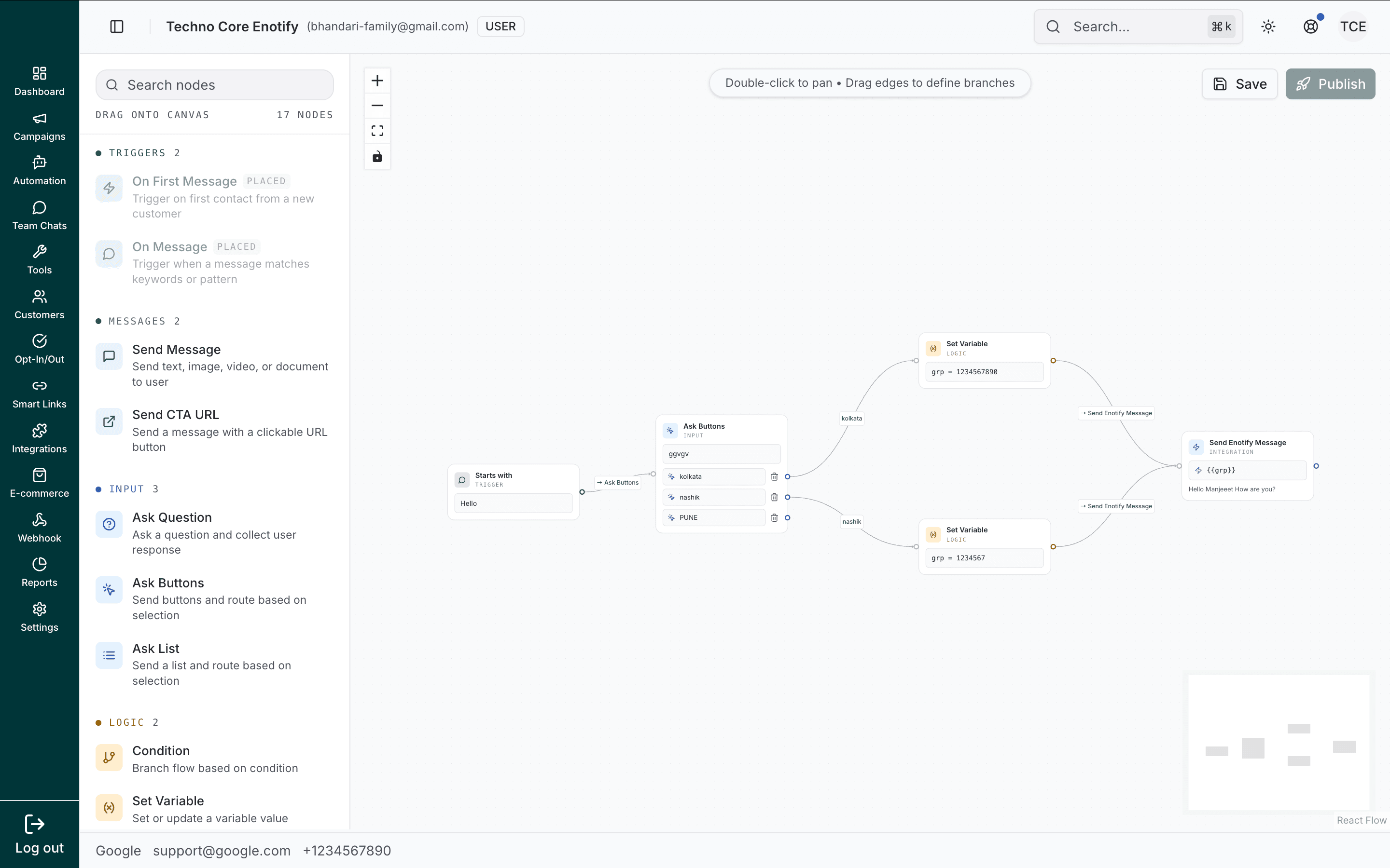 Chatbot flow editor showing the node sidebar, a connected flow on the canvas, and a minimap