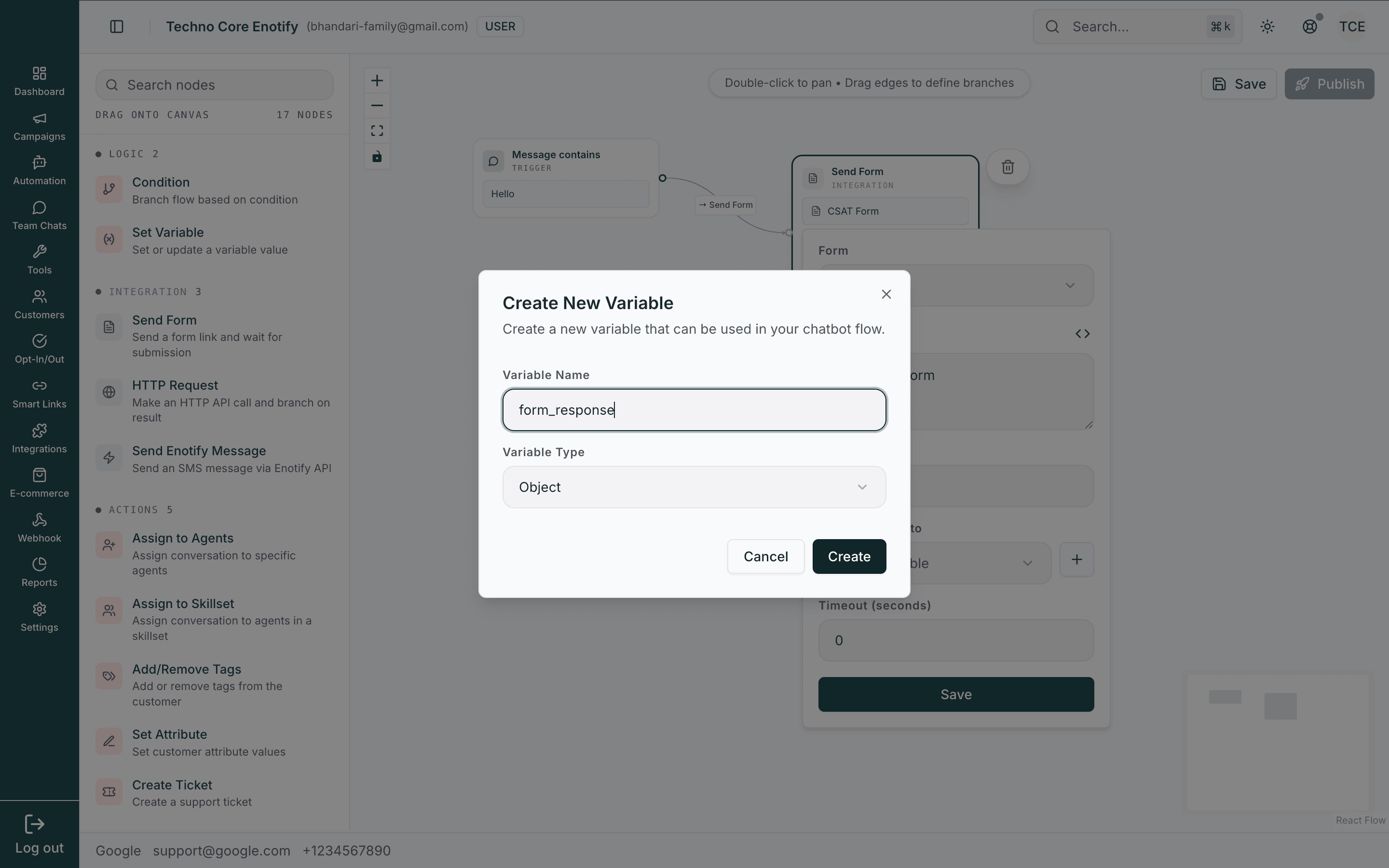 Create New Variable dialog set to the Object type for a form response
